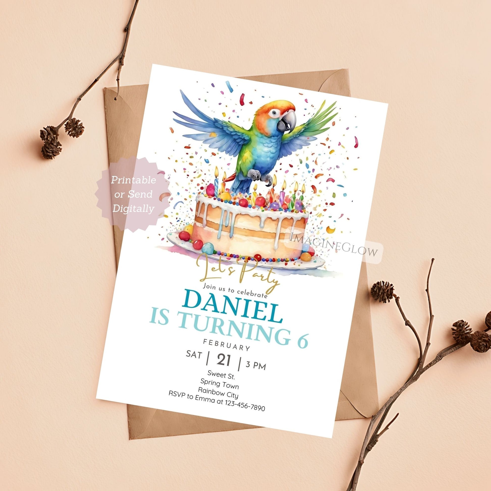 Bright parrot birthday invitation with a tropical theme.