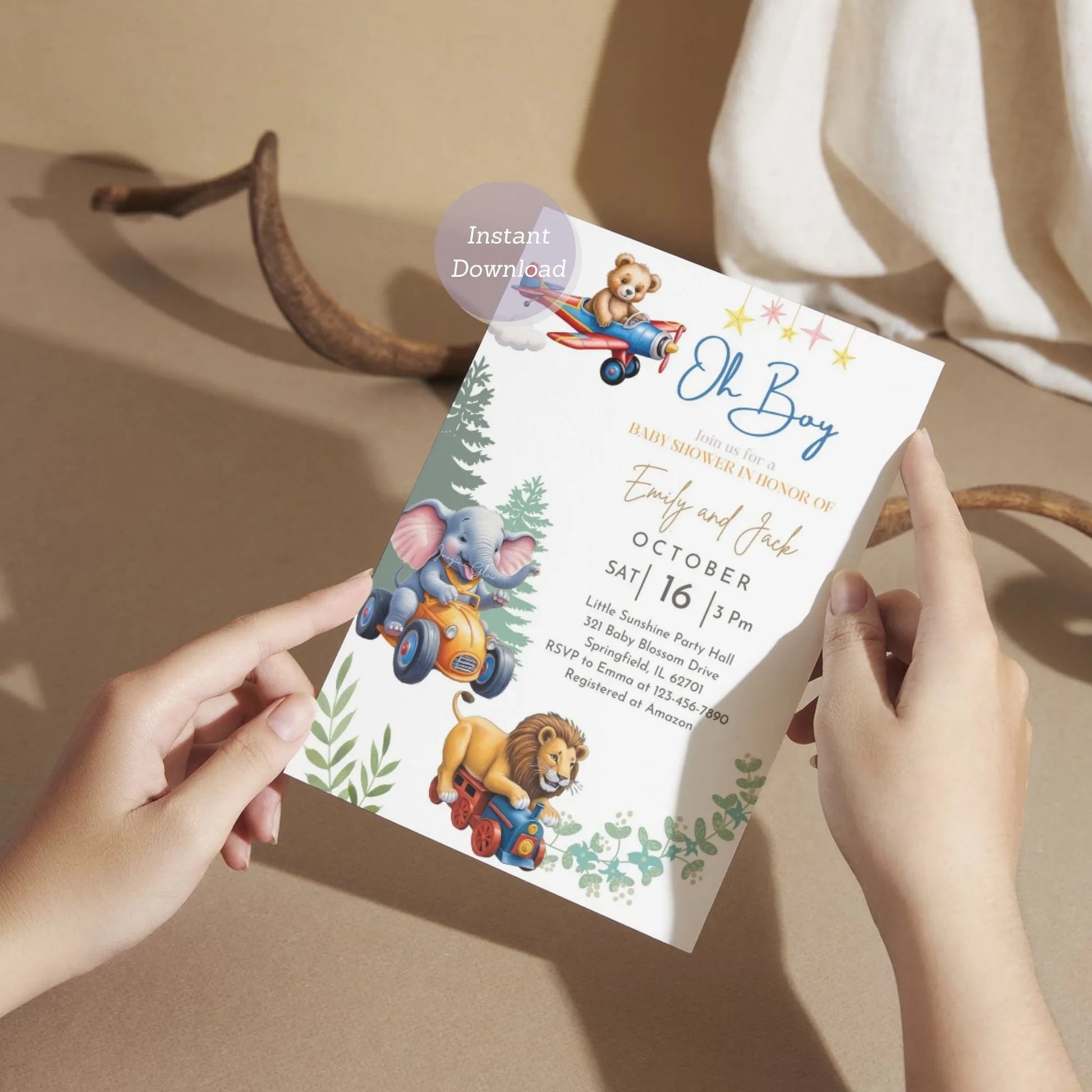 Safari animal themed birthday party invitation for kids editable.