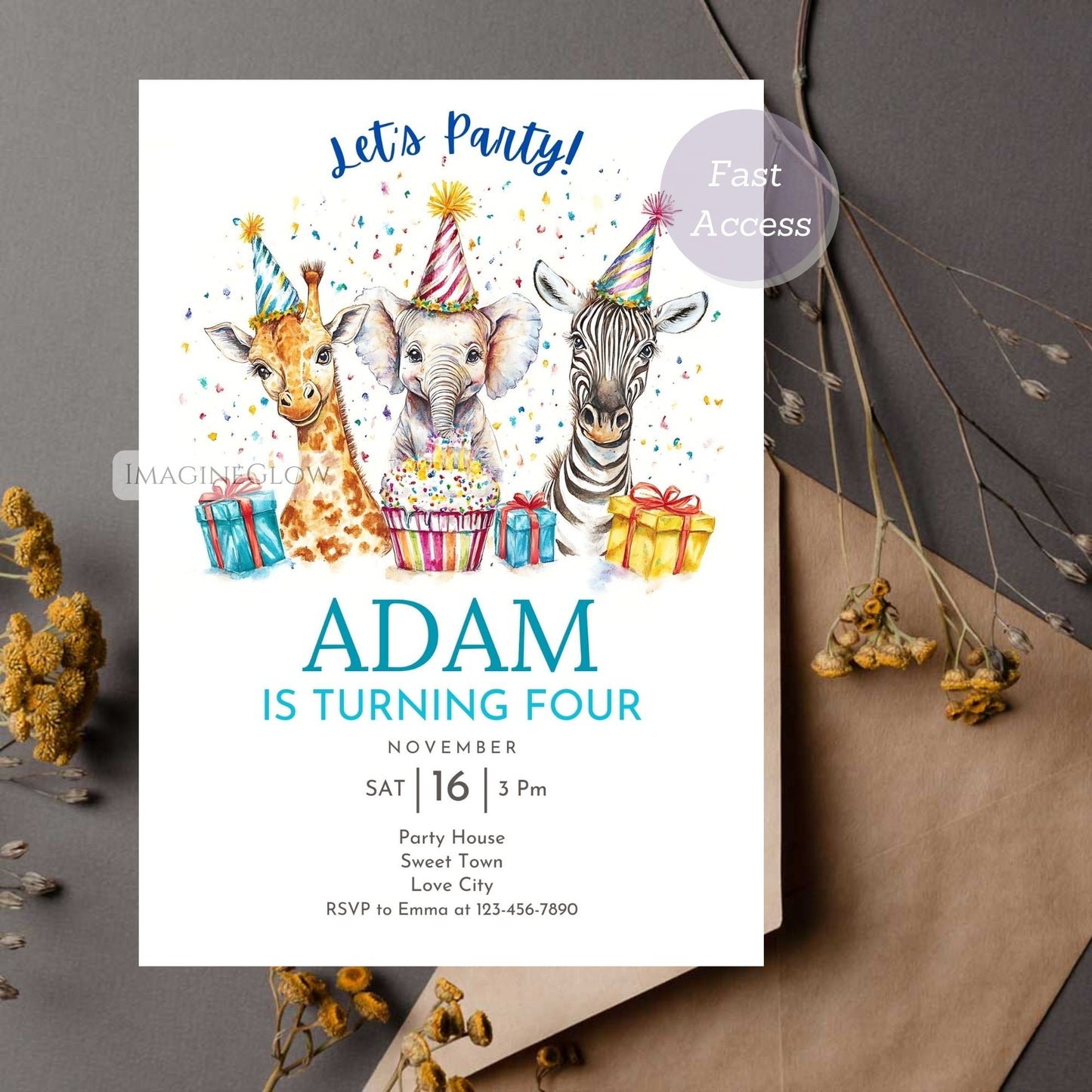 Jungle Safari Animal Invitation - Giraffe, Elephant & Zebra