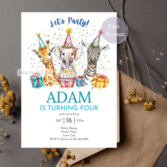 Jungle Safari Animal Invitation - Giraffe, Elephant & Zebra