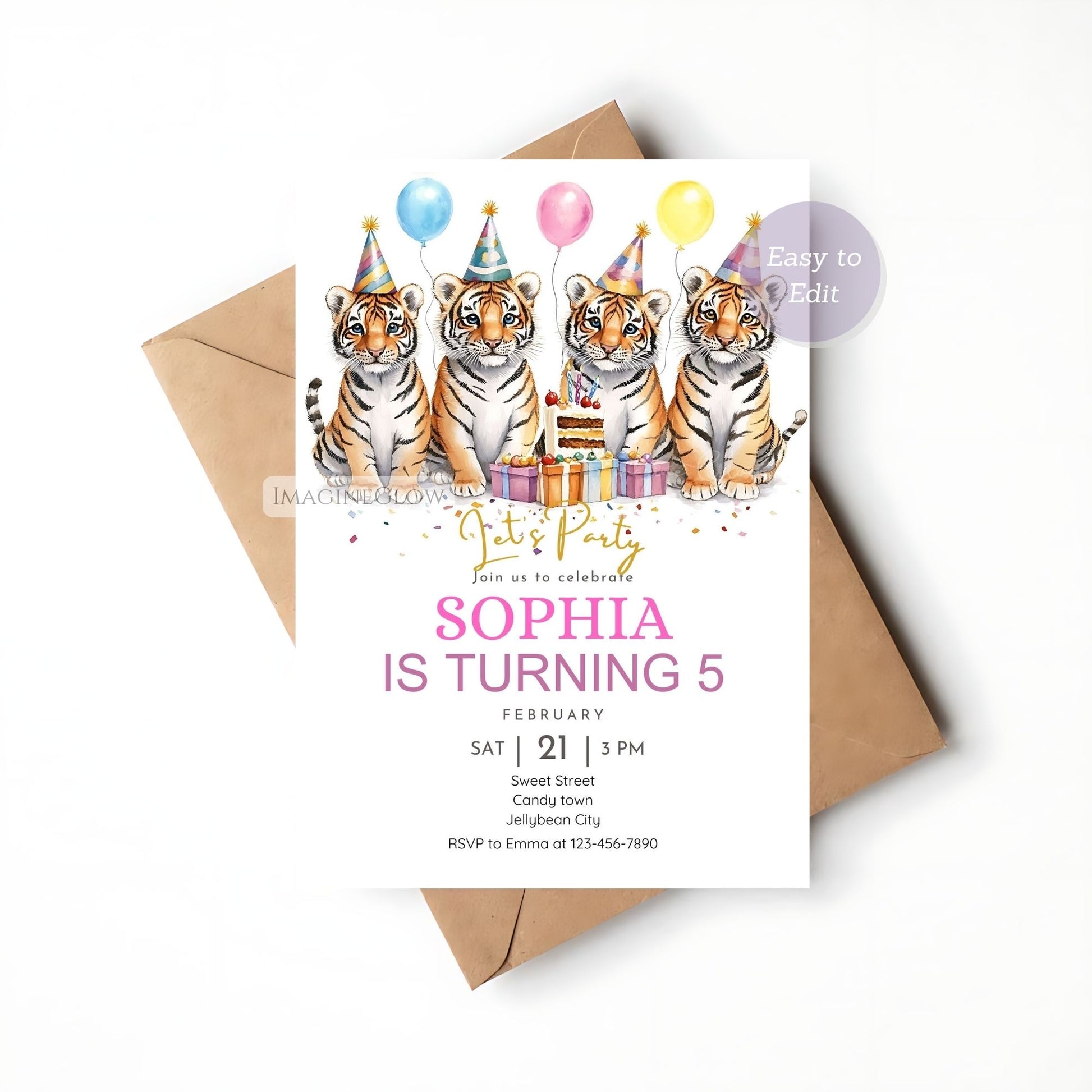 Cute Tiger Birthday Invitation - Safari Adventure Theme