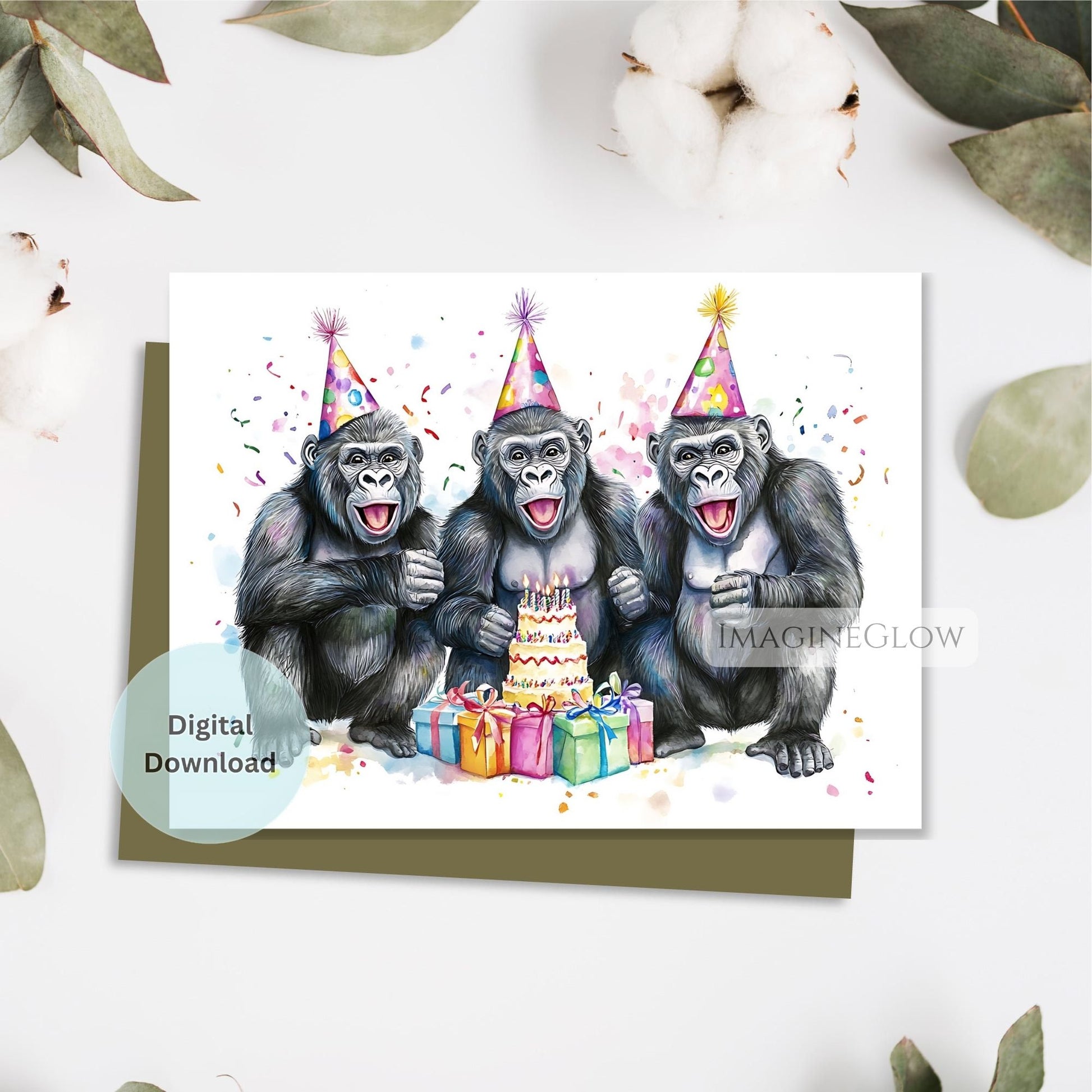 Gorilla card for kids birthday
Digital gorilla card for adults
Wild animal birthday card
Gorilla party card printable