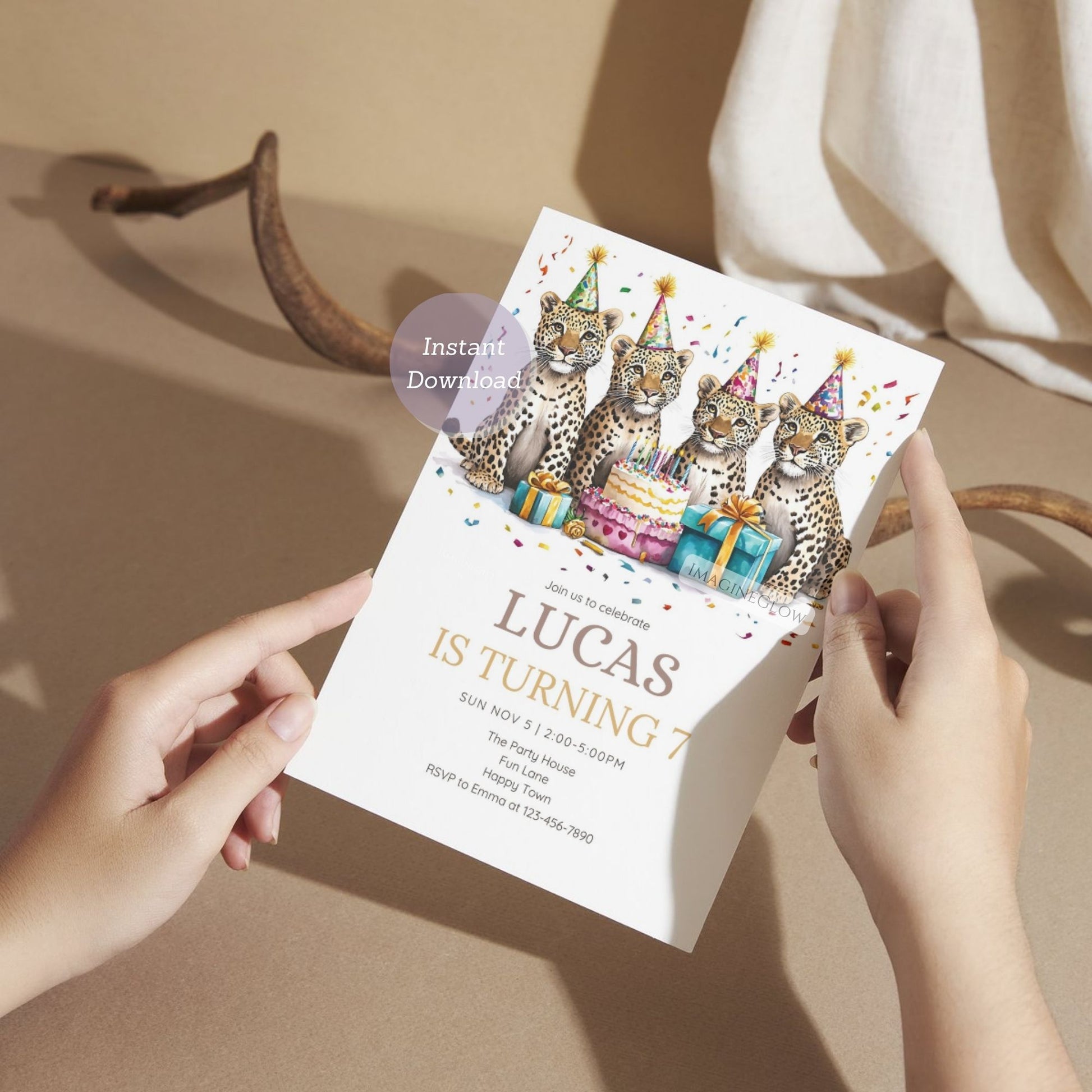 Digital leopard birthday party invitation