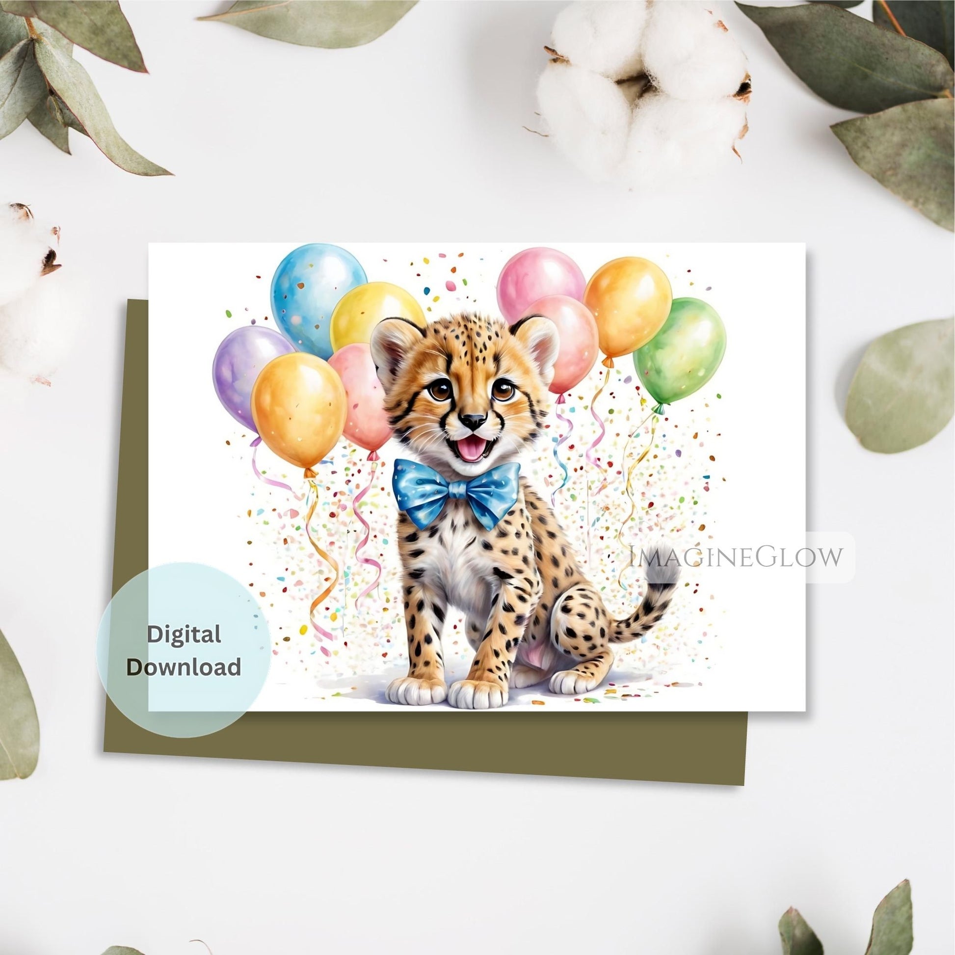 Digital download card with a cheetah wearing a bow tie and balloons on a white background.