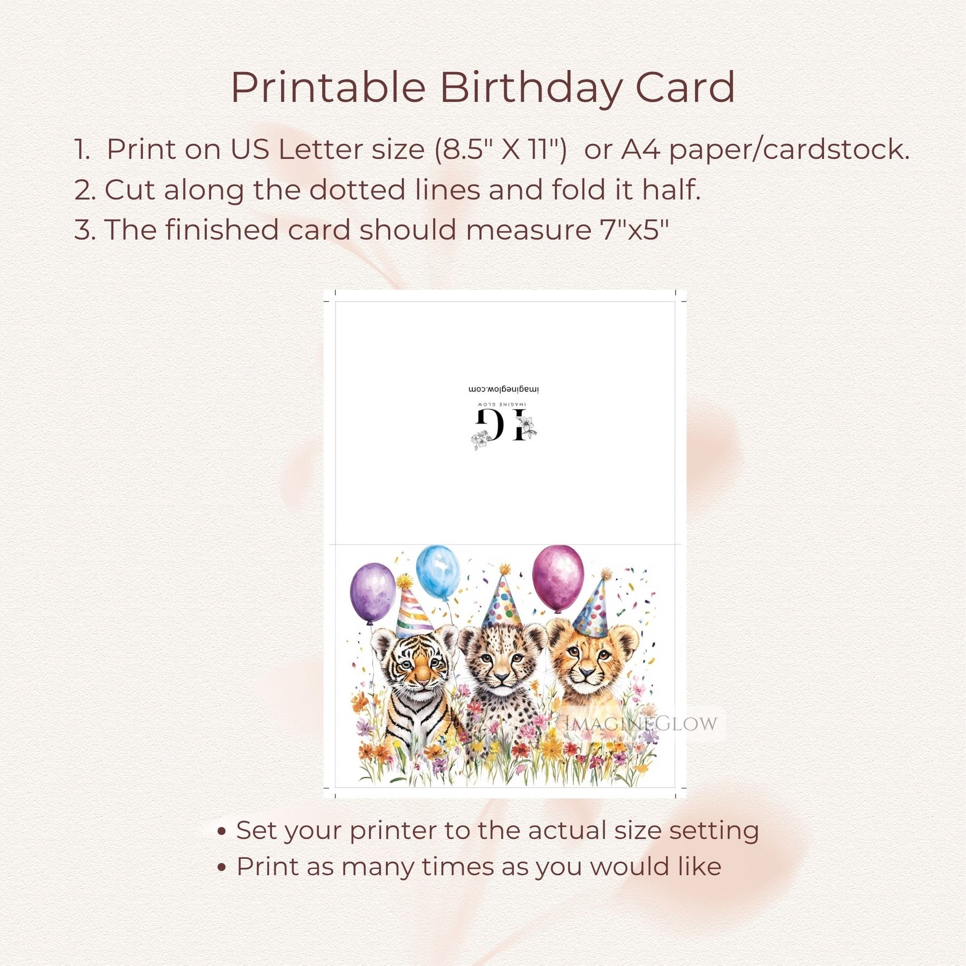 Printable birthday card with three cartoon cats wearing party hats and balloons, on a white background.