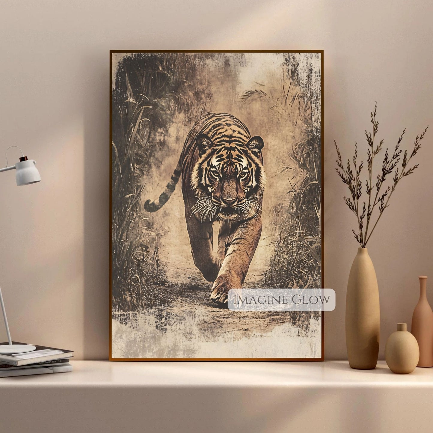 Retro jungle tiger walking wildlife art printable.