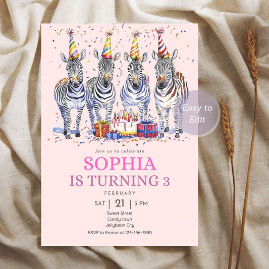 Jungle zebra invitation for a kids' safari birthday celebration.