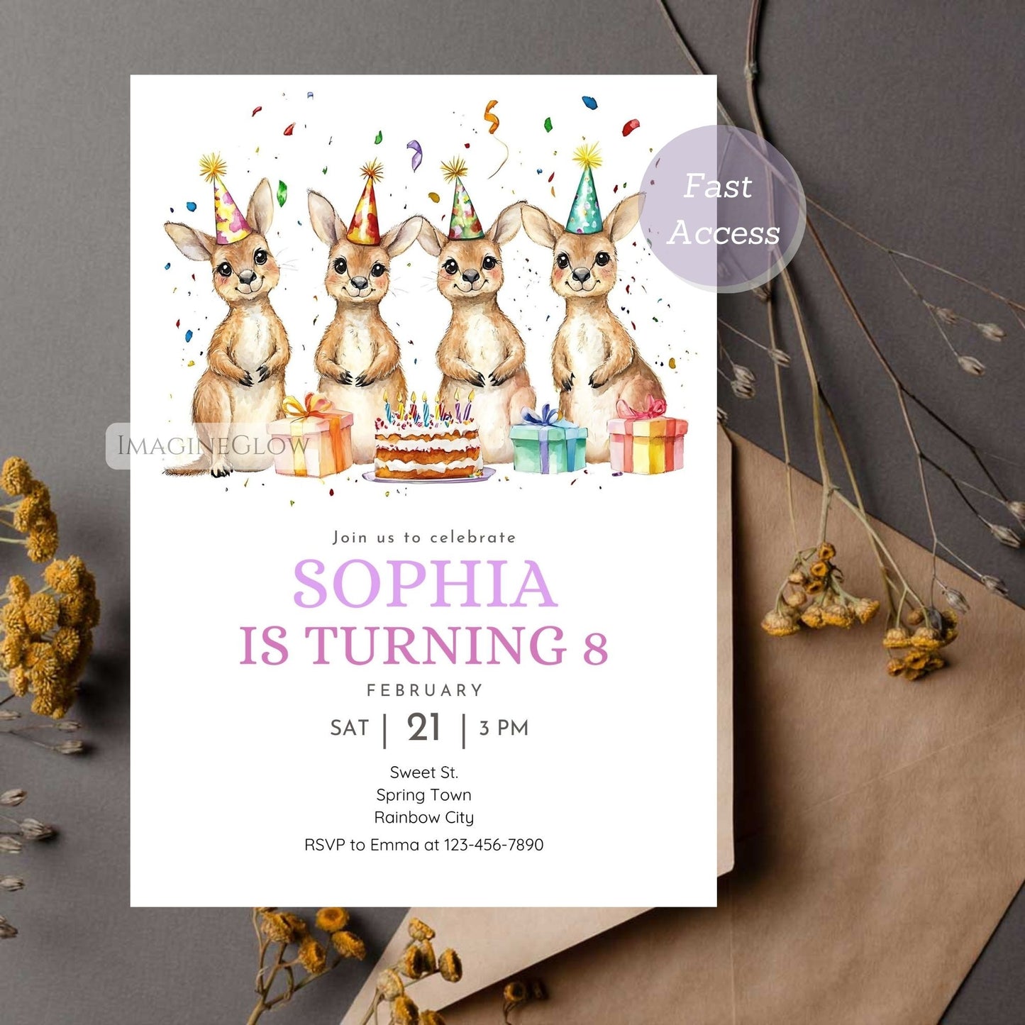 Printable kangaroo-themed birthday invitation