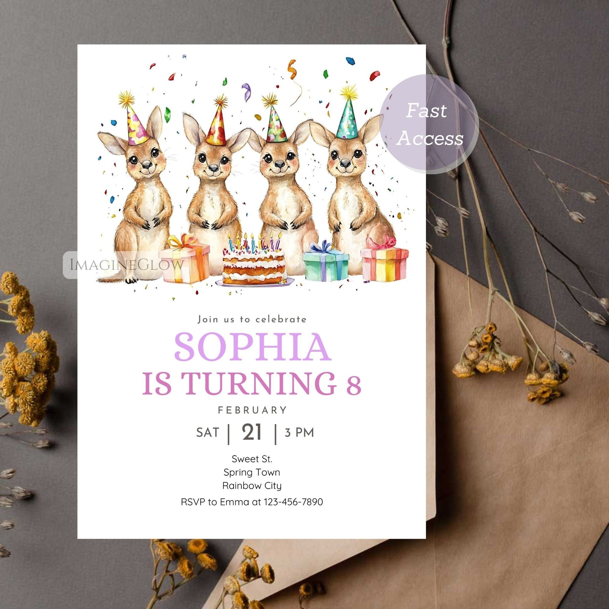 Printable kangaroo-themed birthday invitation