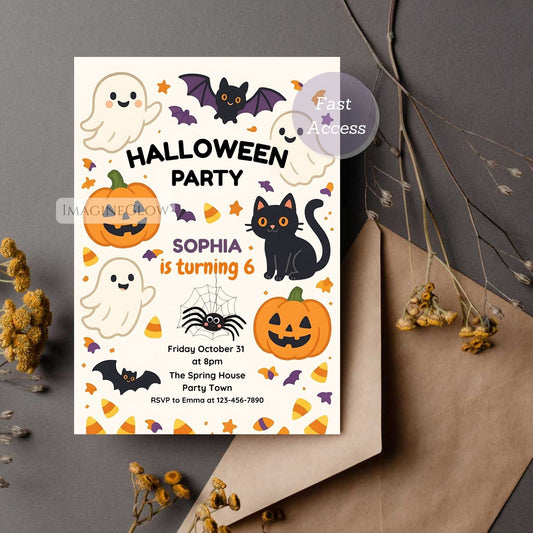 Halloween-themed birthday party invitation with pumpkins, ghosts, and cats on a white background.
