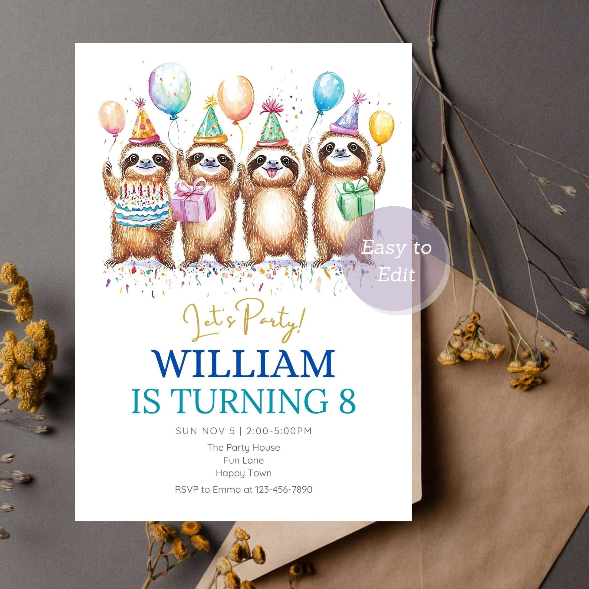 Sloth-themed kids birthday invite with playful jungle design