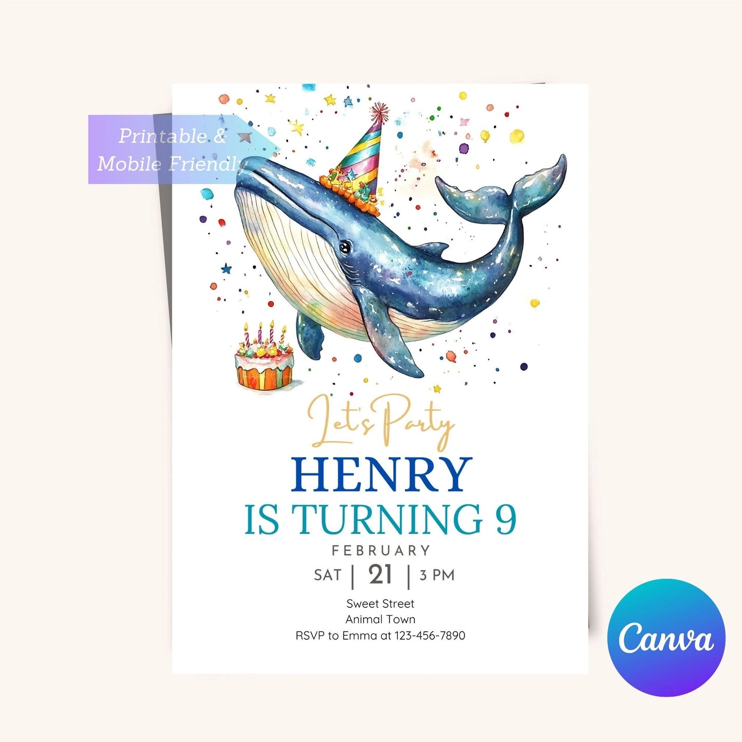 Customizable whale party invitation for an ocean celebration.