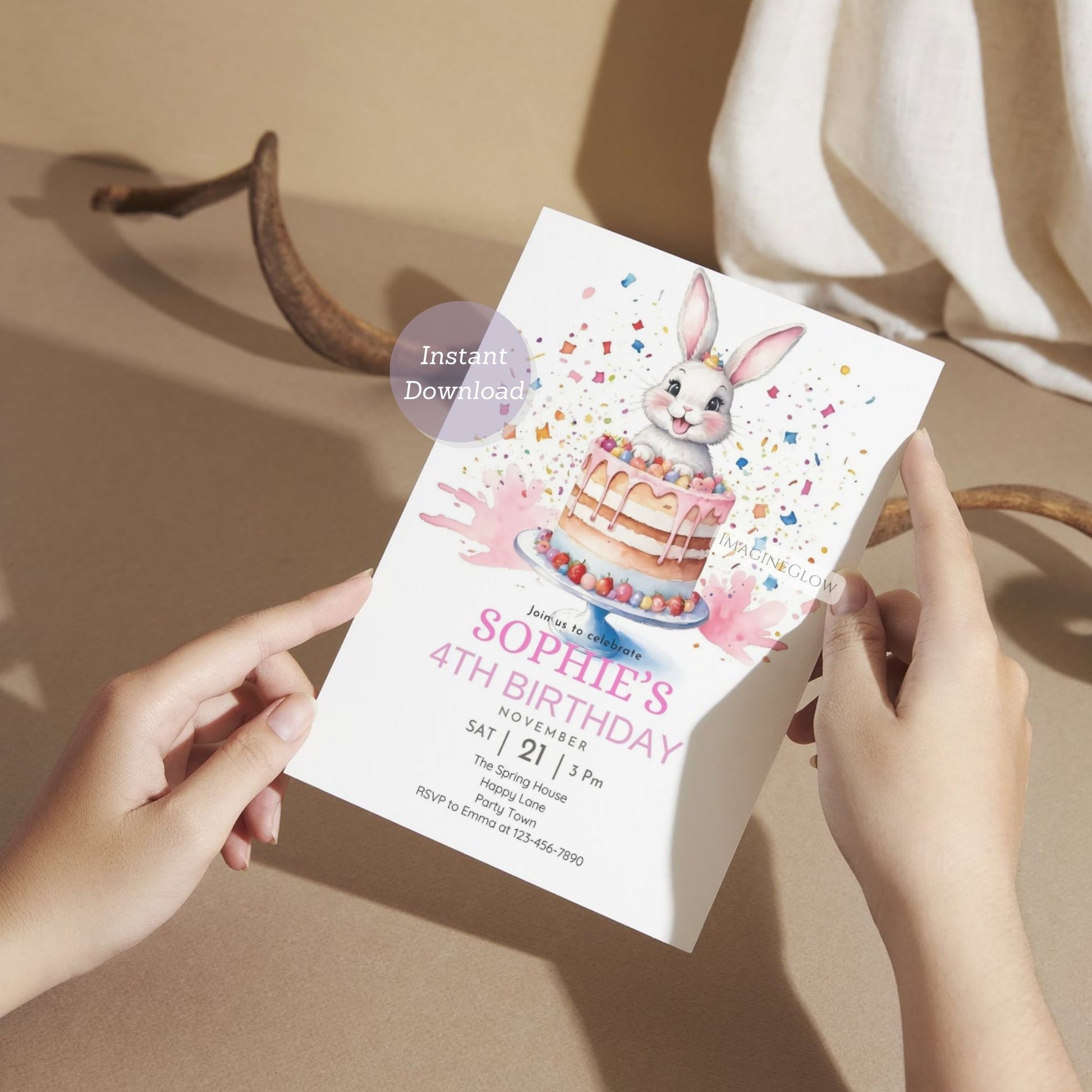 Printable rabbit party invite for a fun birthday celebration.