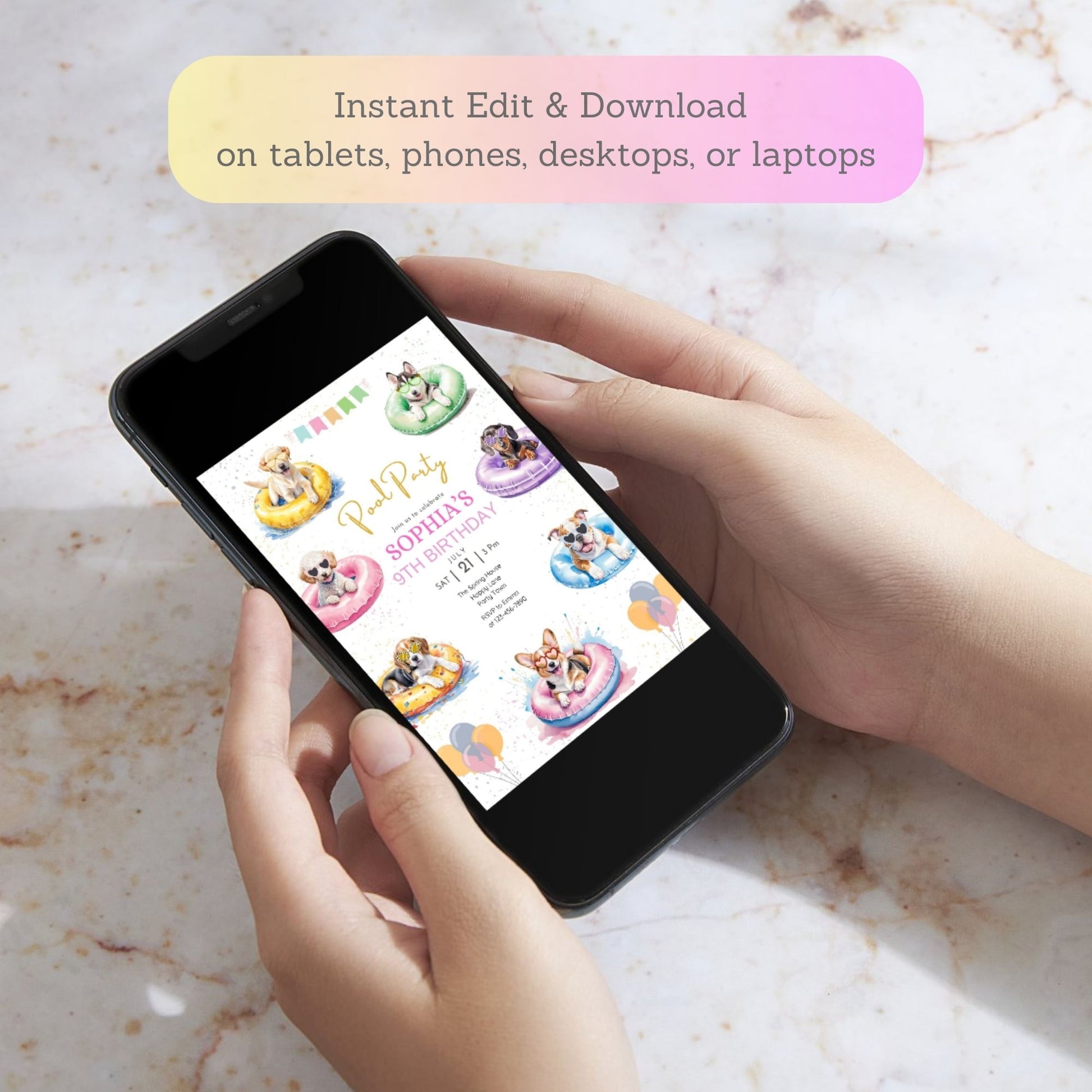 editable kids swim party card
tropical dog birthday invitation
cute puppies in sunglasses invite
summer dog pool pawty invitation