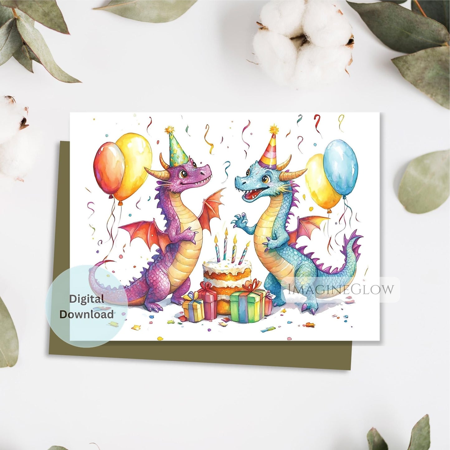 Birthday card with two cartoon dragons, balloons, and a cake on a white background.