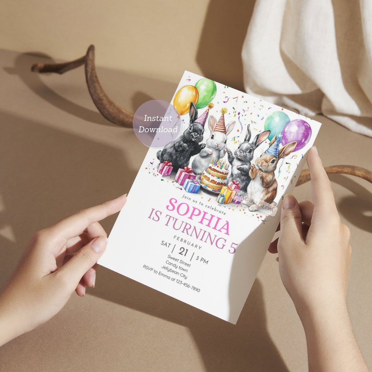 Four playful bunnies birthday invitation