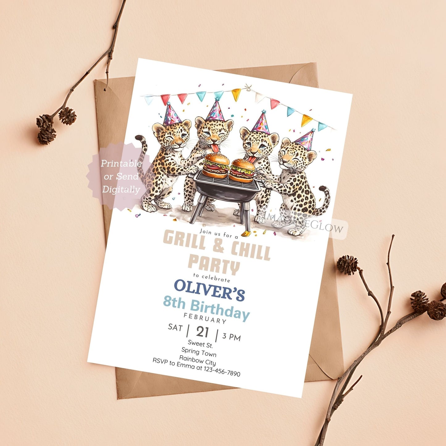 Leopard BBQ Birthday Invitation with a safari cookout theme.