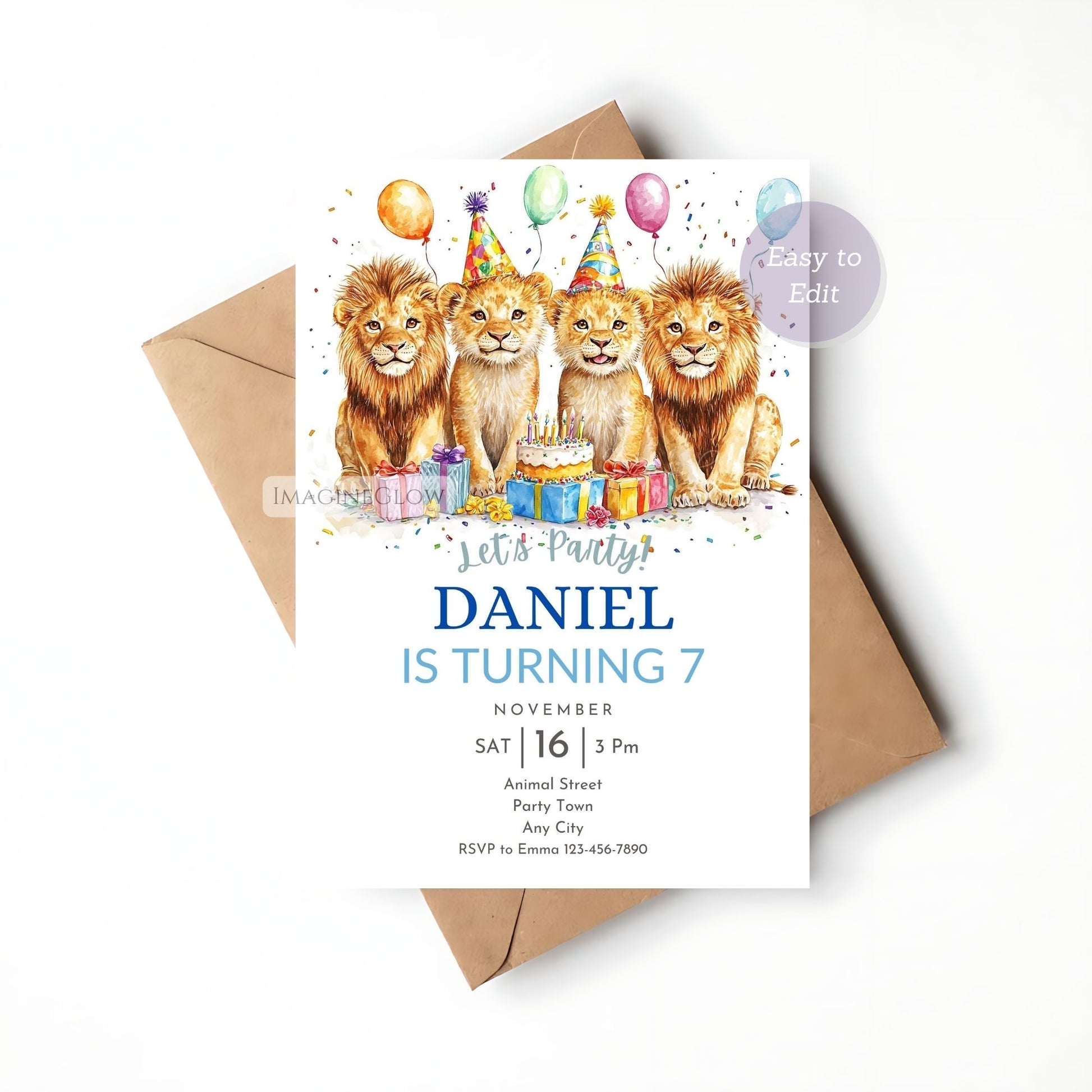 Cute Lion Birthday Invitation - Safari Adventure Theme
Lion & Safari Animals Party Invitation - Editable & Printable