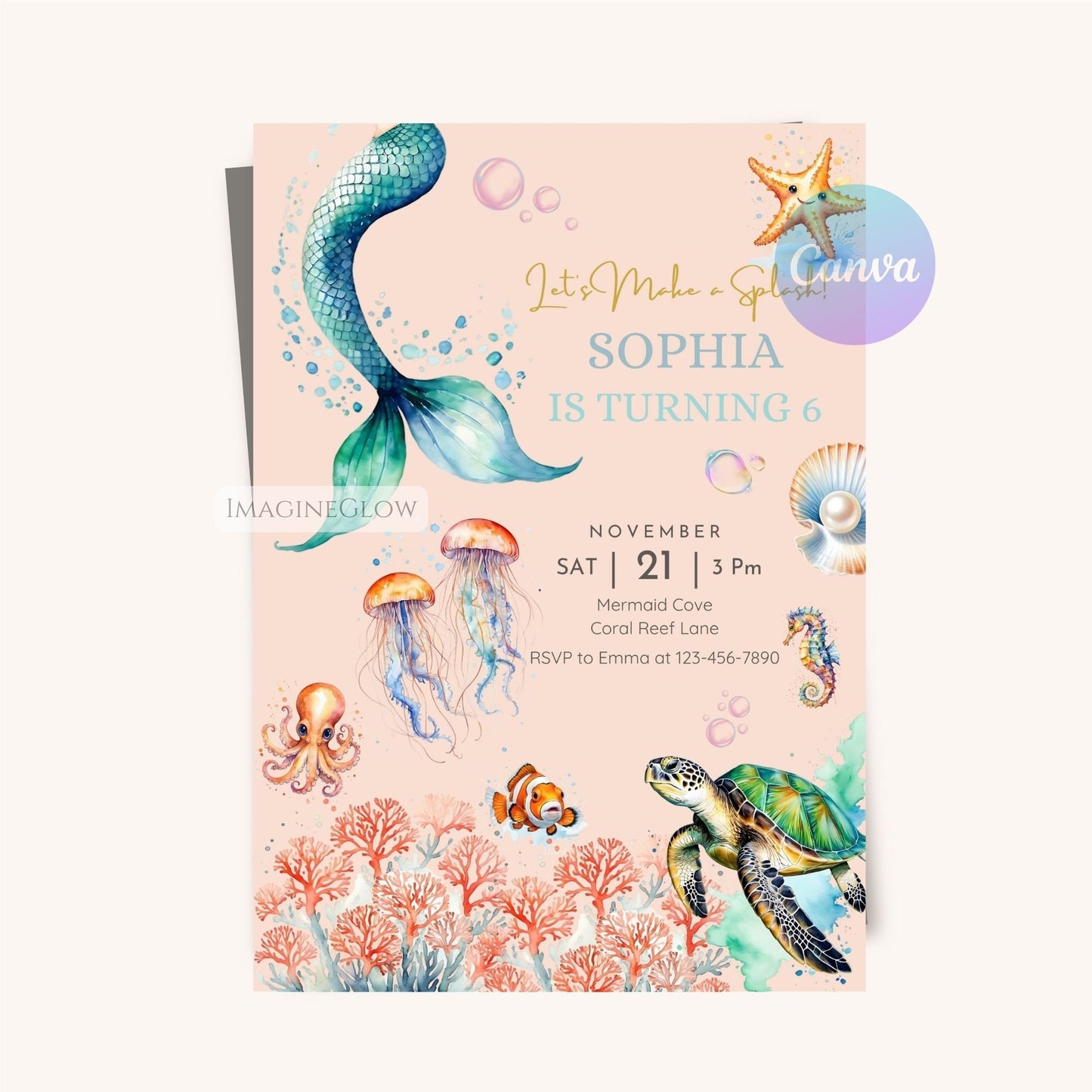 Printable ocean-themed birthday party invite.