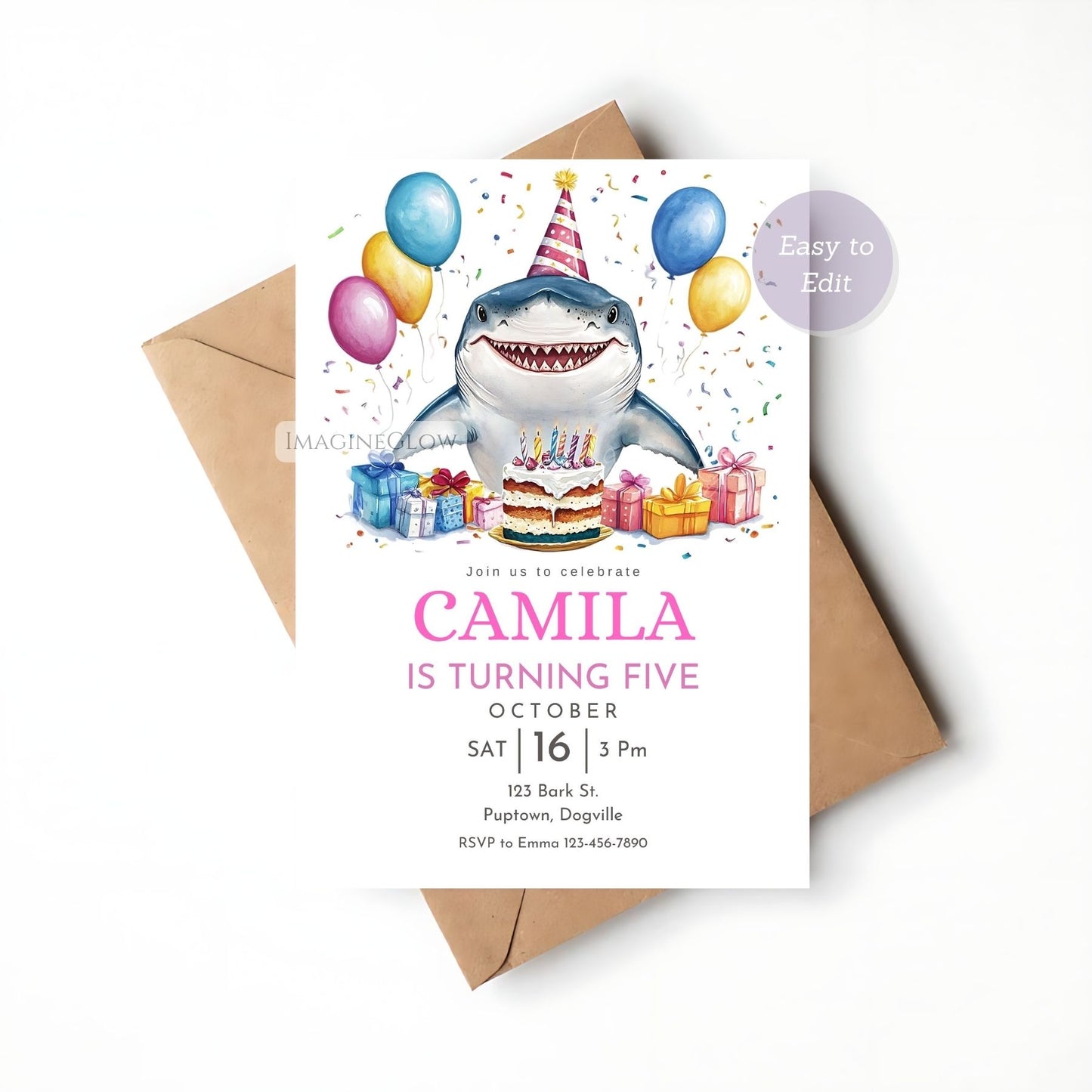 Underwater-Themed Shark Birthday Invitation Editable Template.