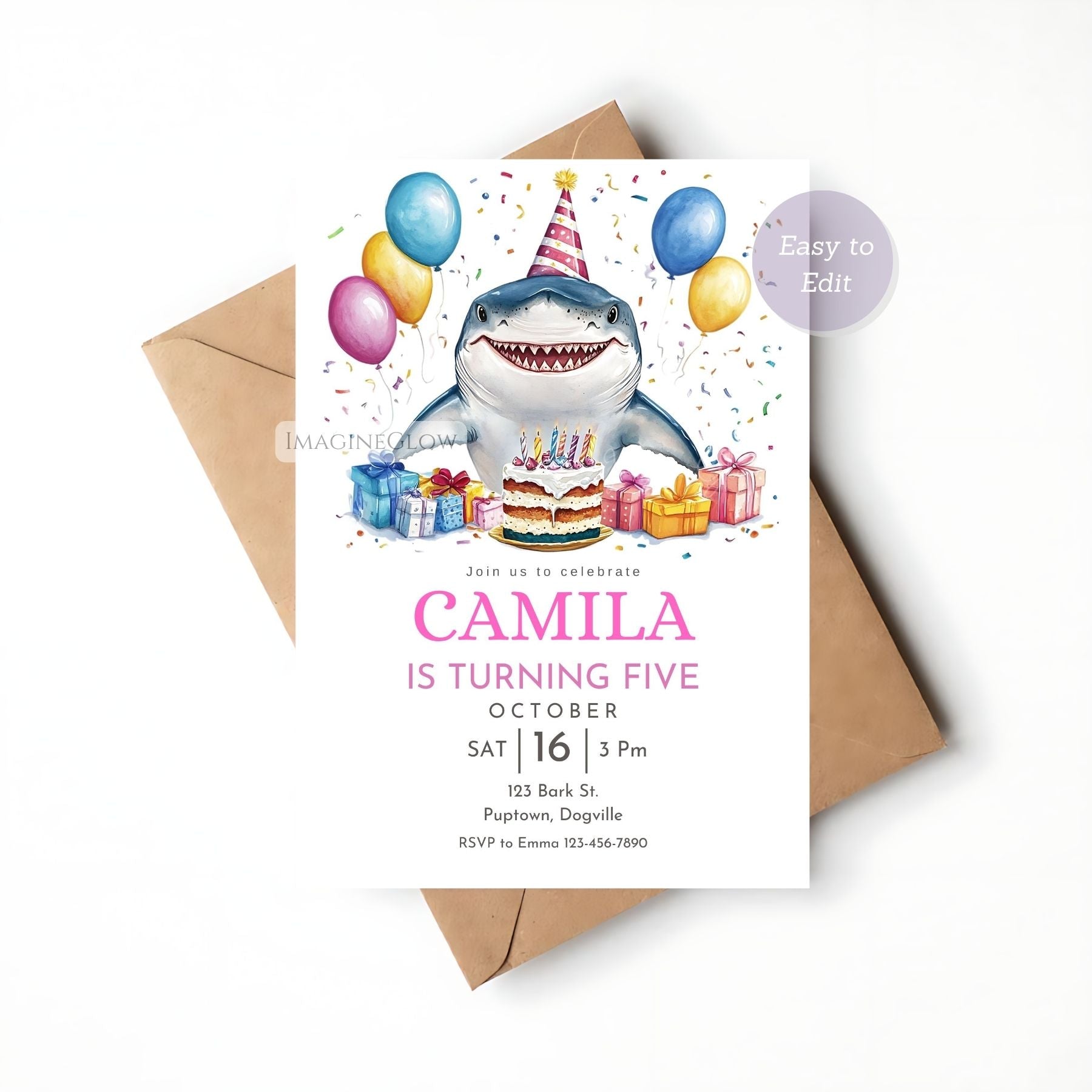 Underwater-Themed Shark Birthday Invitation Editable Template.