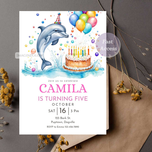 Dolphin Birthday Invitation Editable Template - Canva Design
