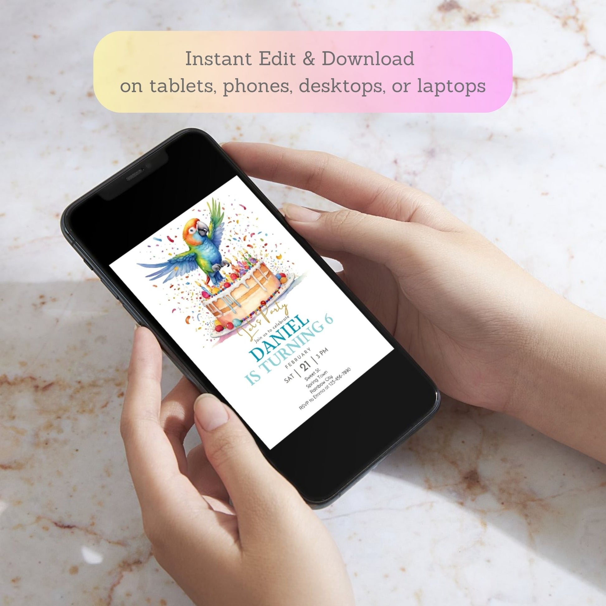 Cute parrot birthday invite with balloons and decorations.
Fun parrot-themed party invitation for bird lovers.