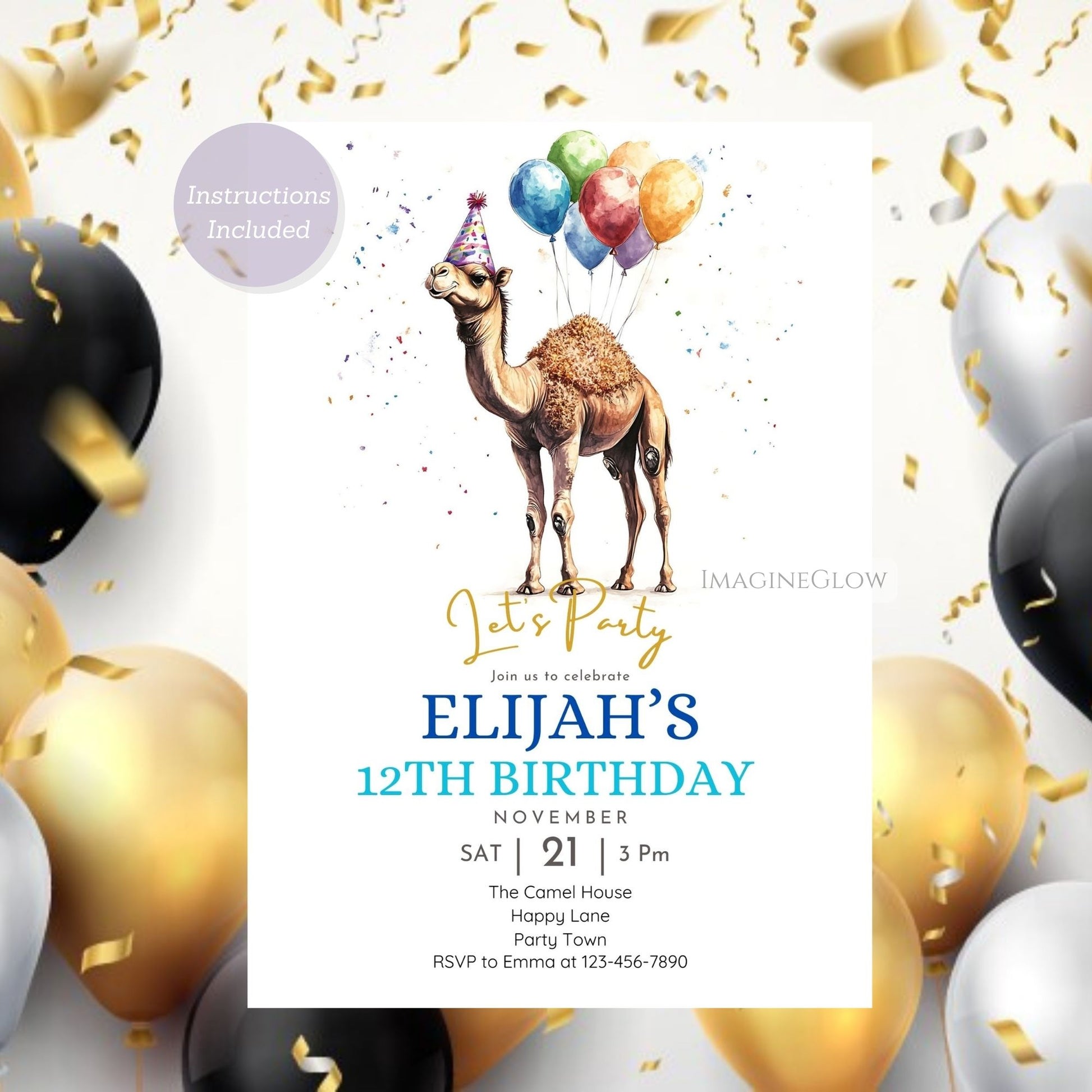 Camel-themed party invite with Arabian style