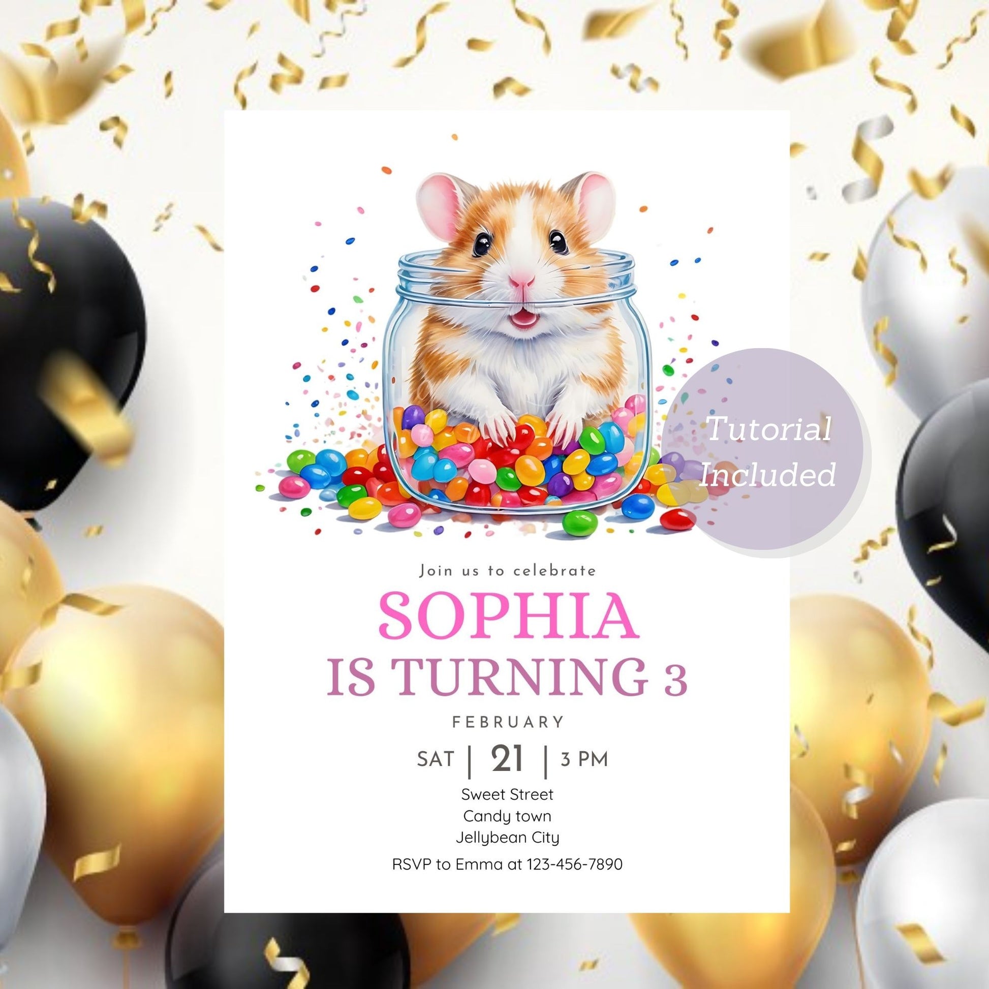 Cute jellybean and hamster invitation for kids’ birthdays.
Printable birthday card with hamster and jellybean design.