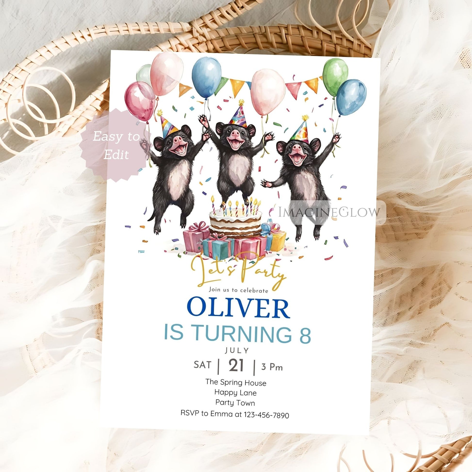 Digital party invite with Tasmanian devil illustration