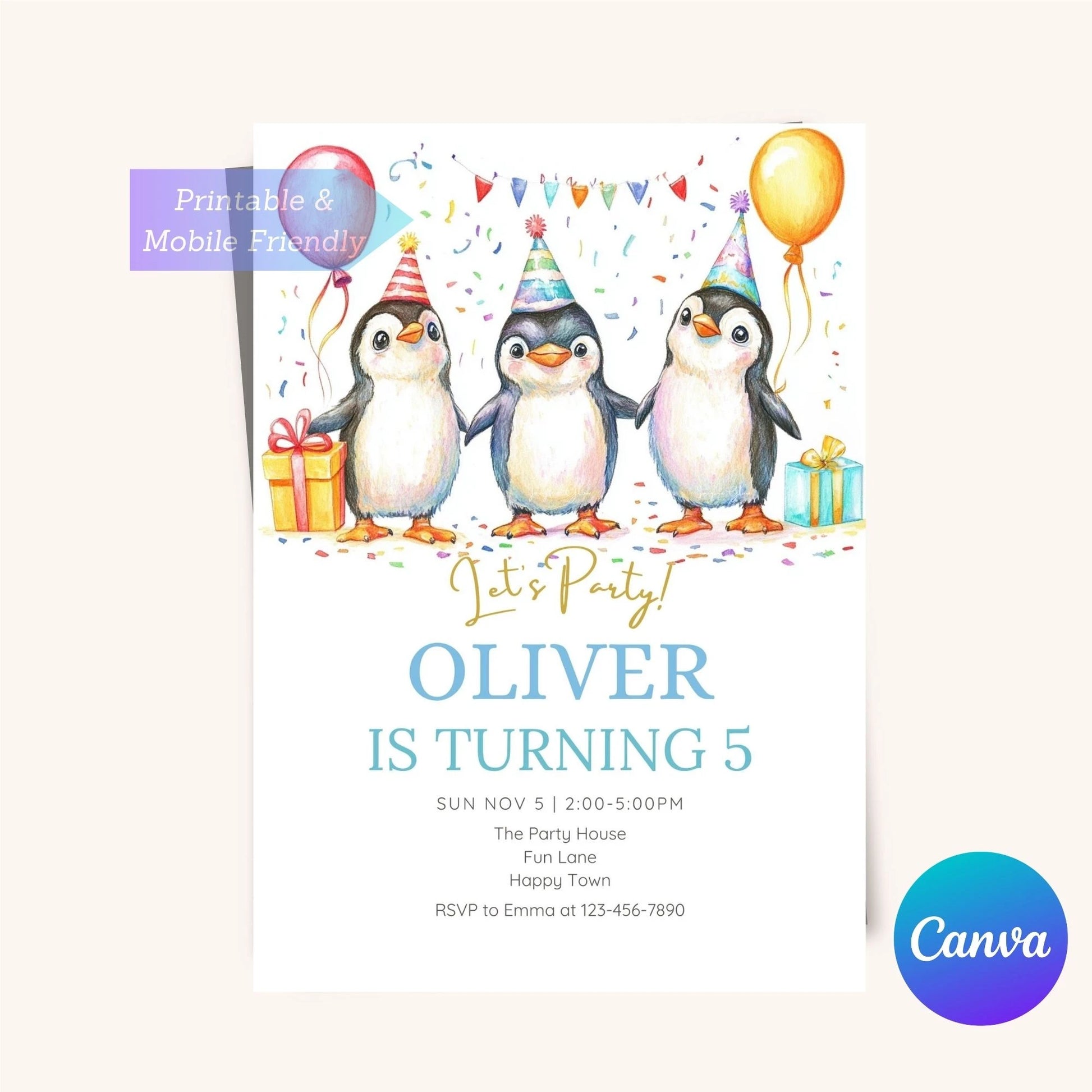 Fun penguin-themed birthday invitation for kids.