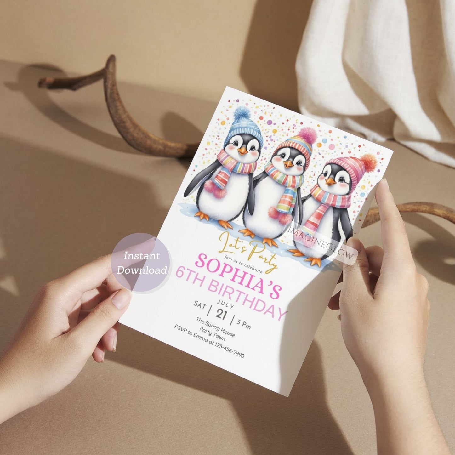 cute penguin themed kids birthday invitation