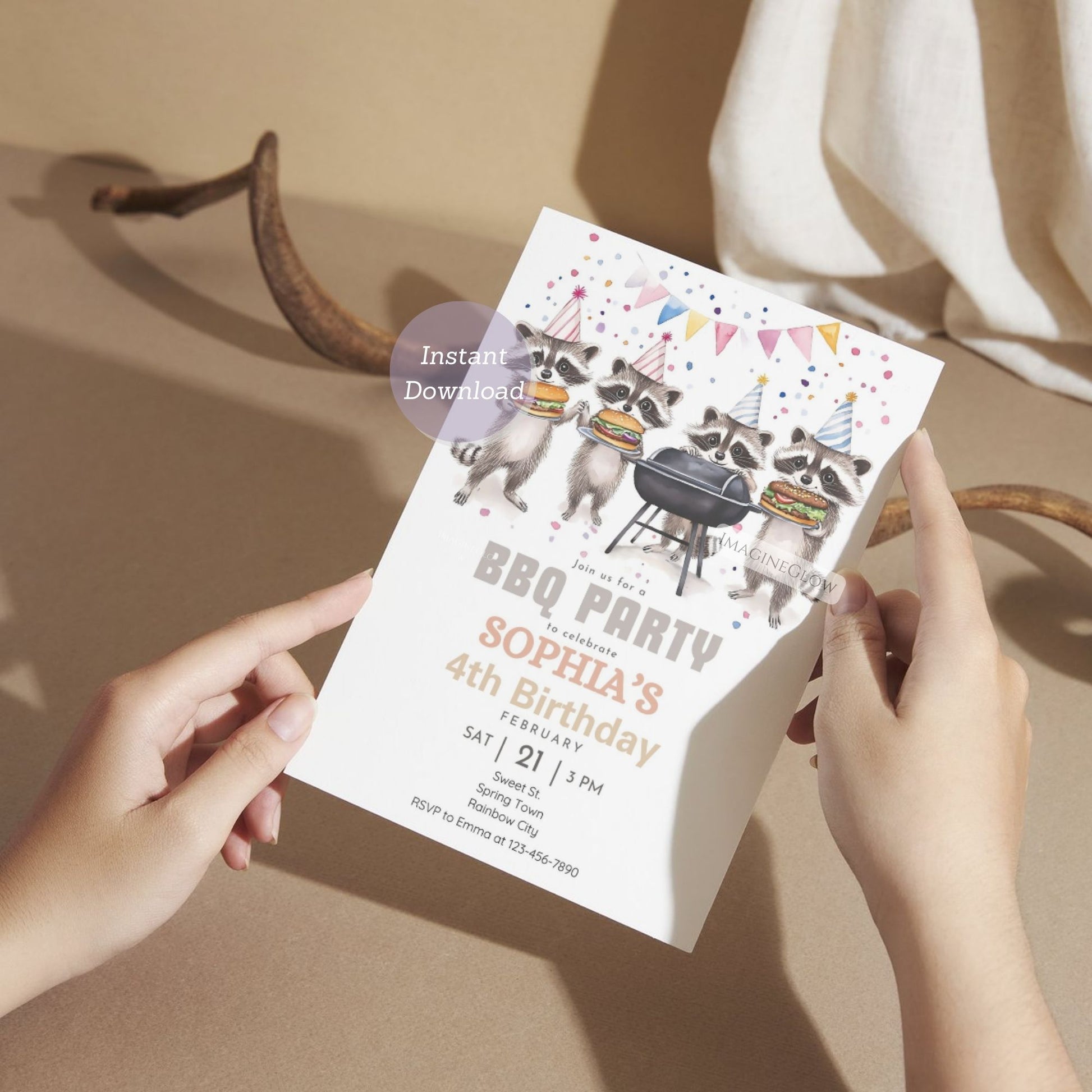 Customizable raccoon birthday card for outdoor celebrations.