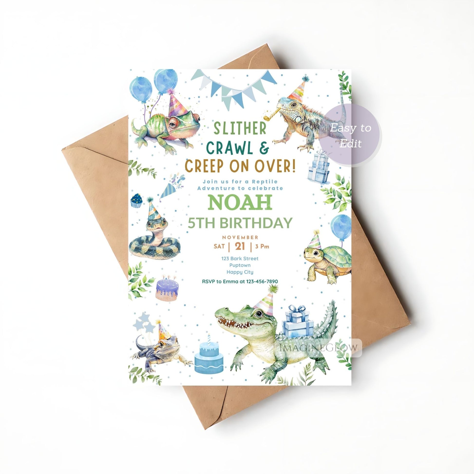 Jungle-themed reptile birthday invitation with tropical decor.