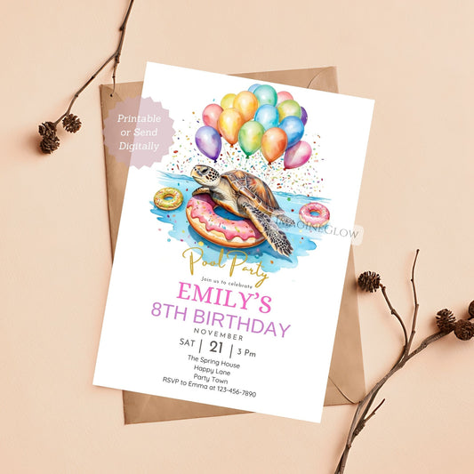 Cute sea turtle birthday invite digital