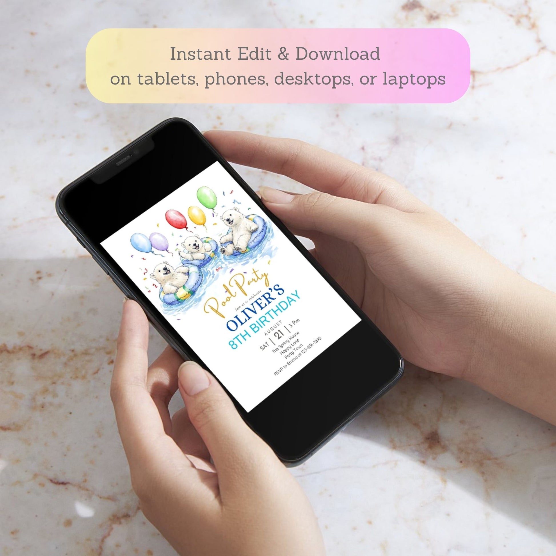 Water-themed birthday invitation featuring adorable polar bears.