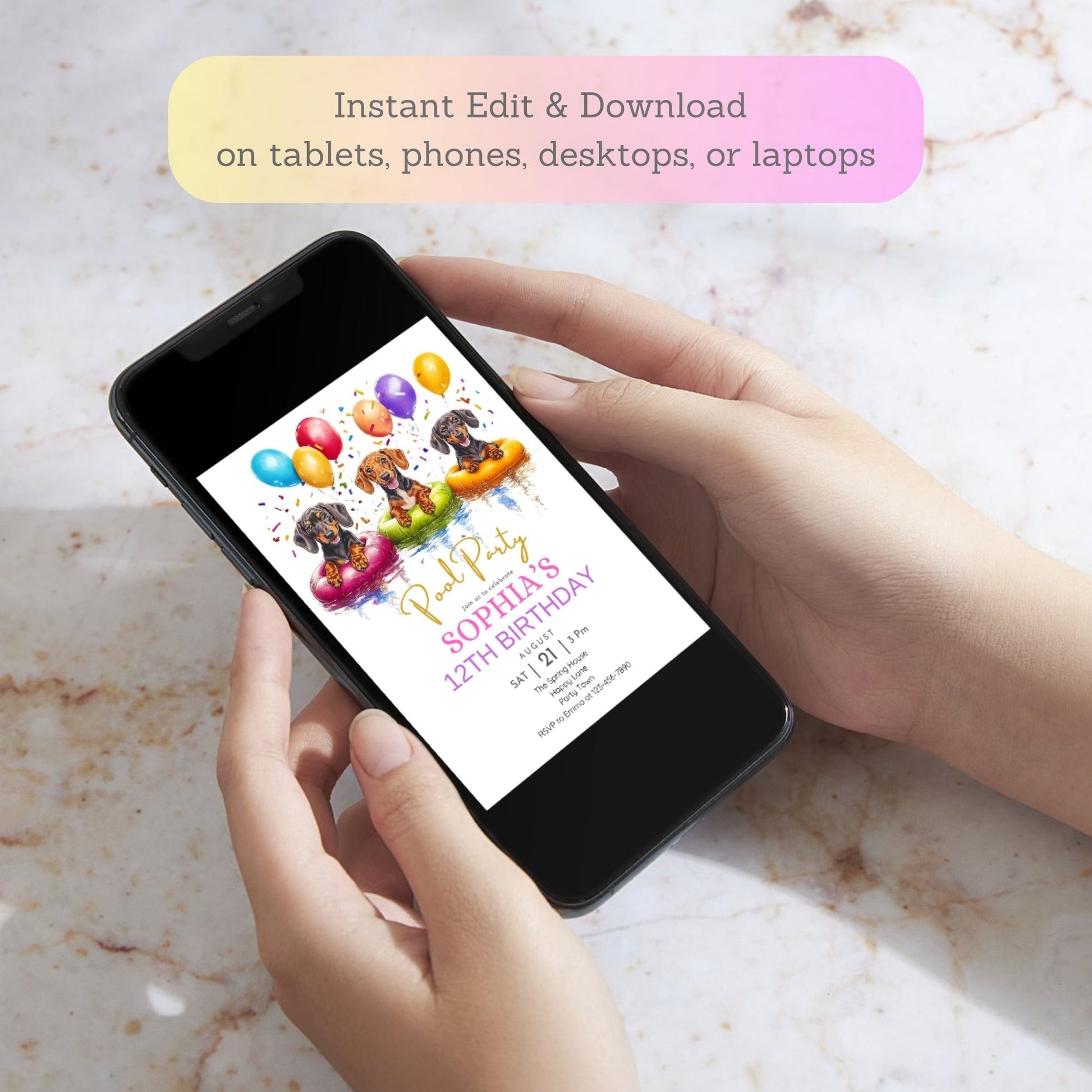 High-resolution Dachshund pool party invite for summer birthdays.