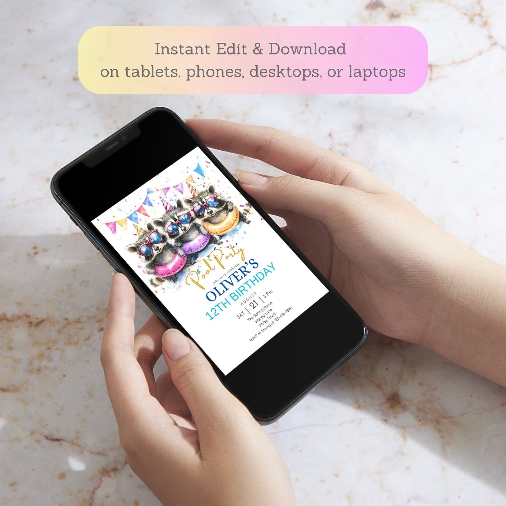 High-resolution raccoon pool party invite for summer birthdays.