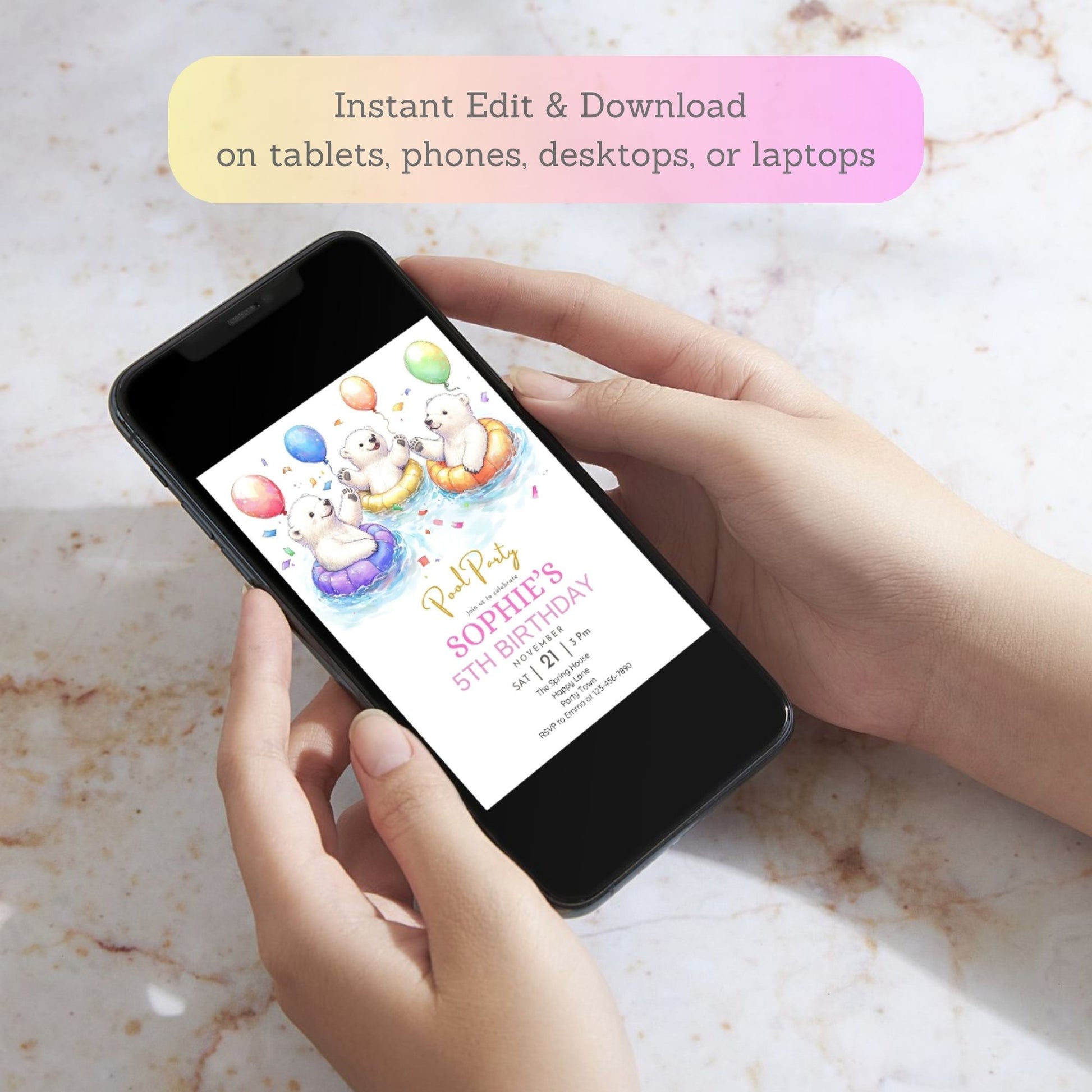 Tropical summer birthday invitation featuring three polar bears.