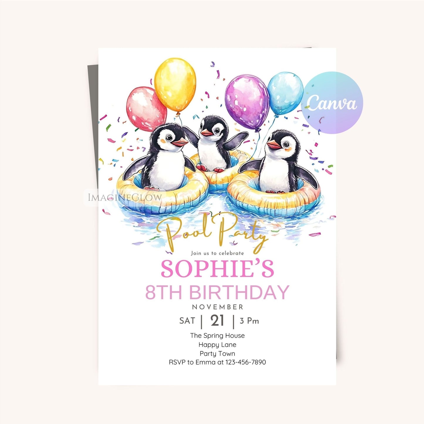 Digital penguin birthday invitation for instant download.