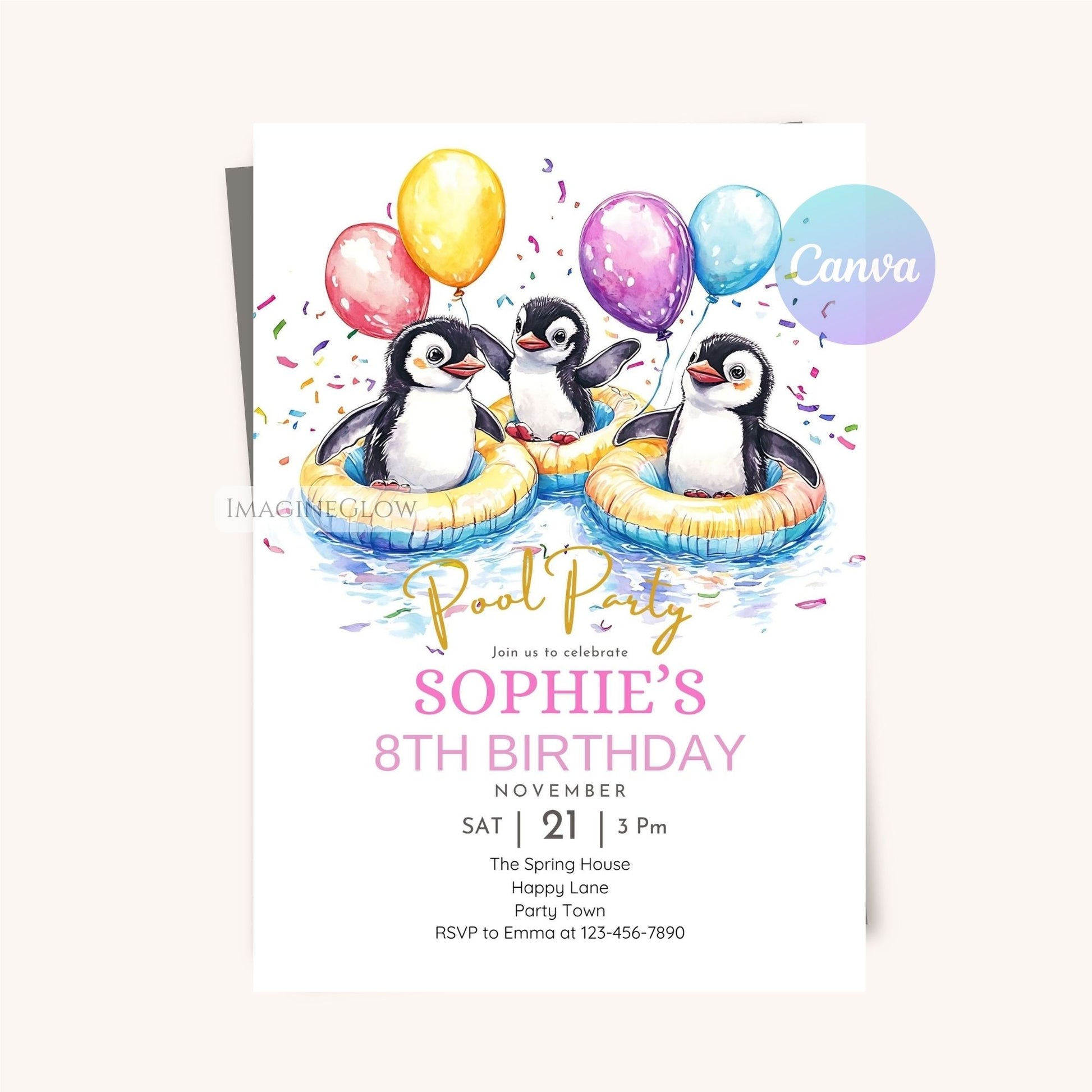 Digital penguin birthday invitation for instant download.
