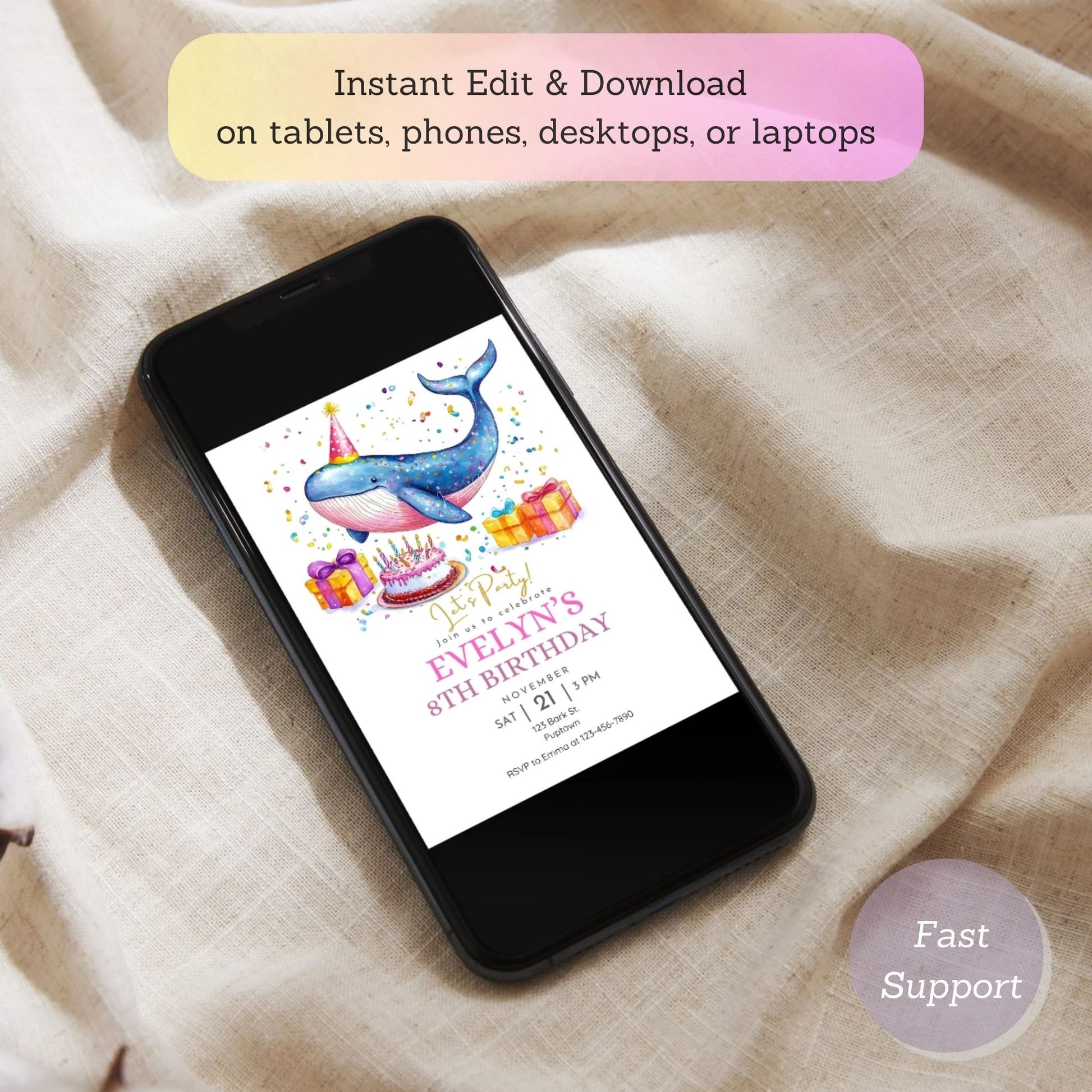 Fun whale-themed birthday invite for children’s party.