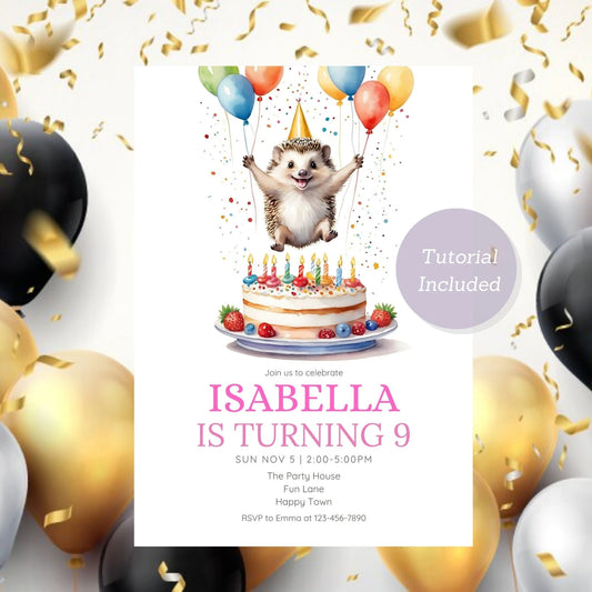 Cute hedgehog party invitation for a nature-themed kids' birthday.