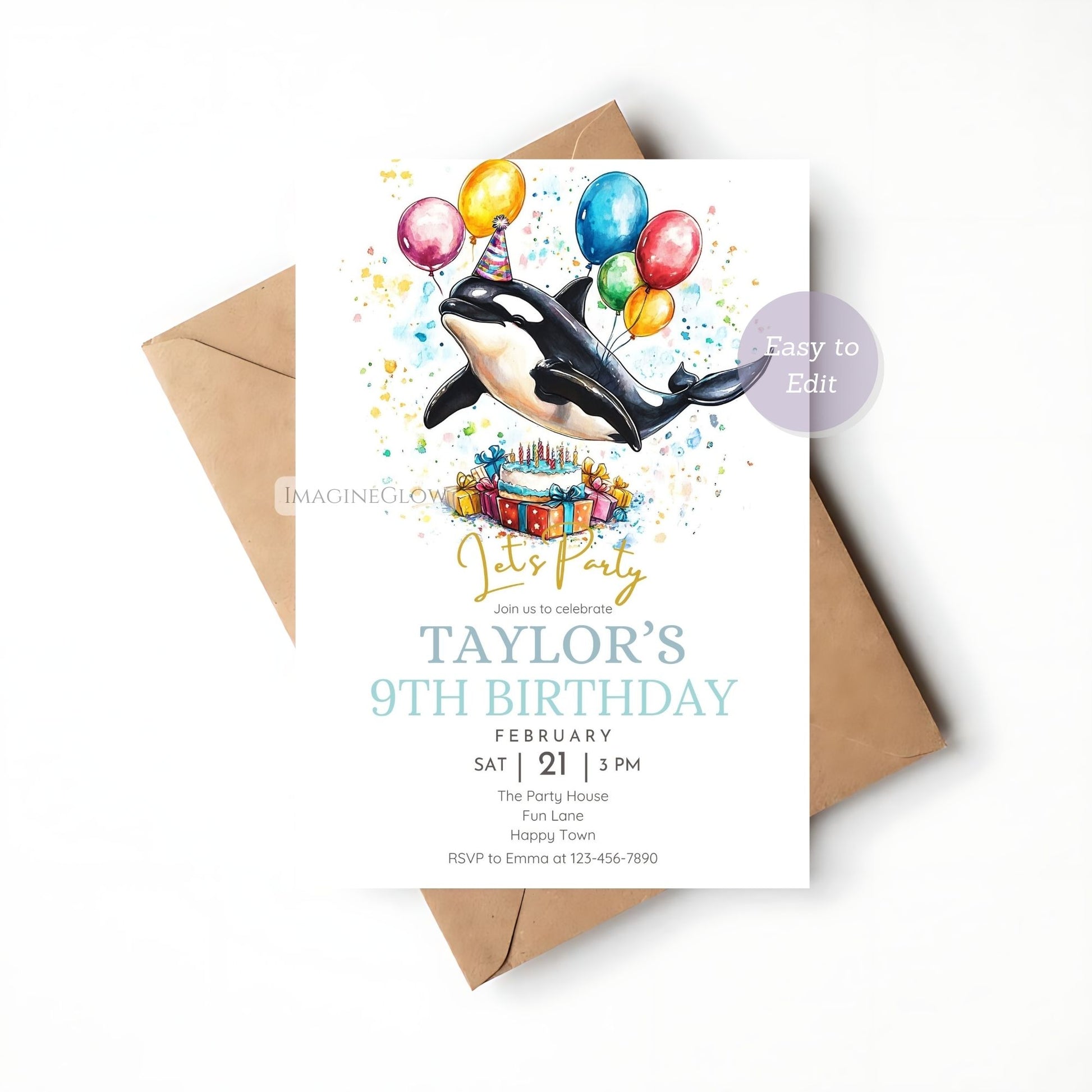 Printable orca party invitation
Editable killer whale birthday invite