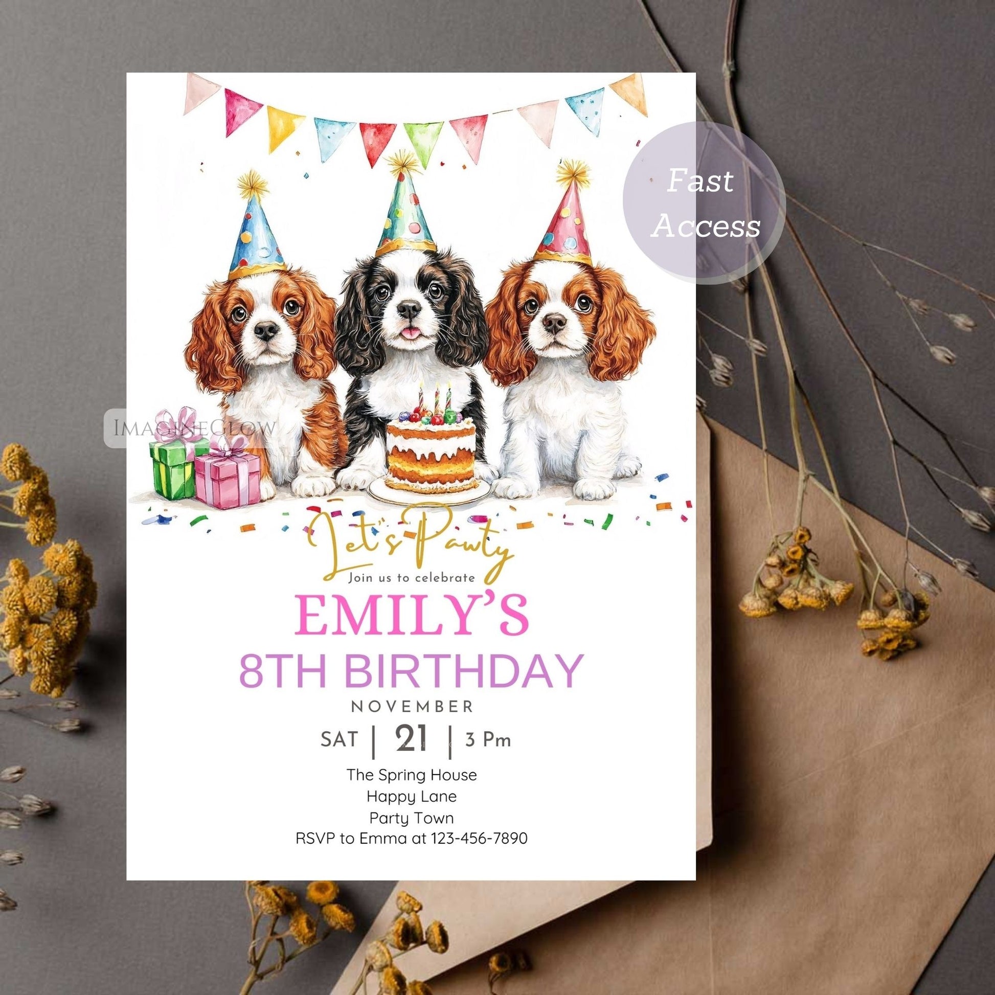 Digital King Charles Spaniel birthday invitation template.