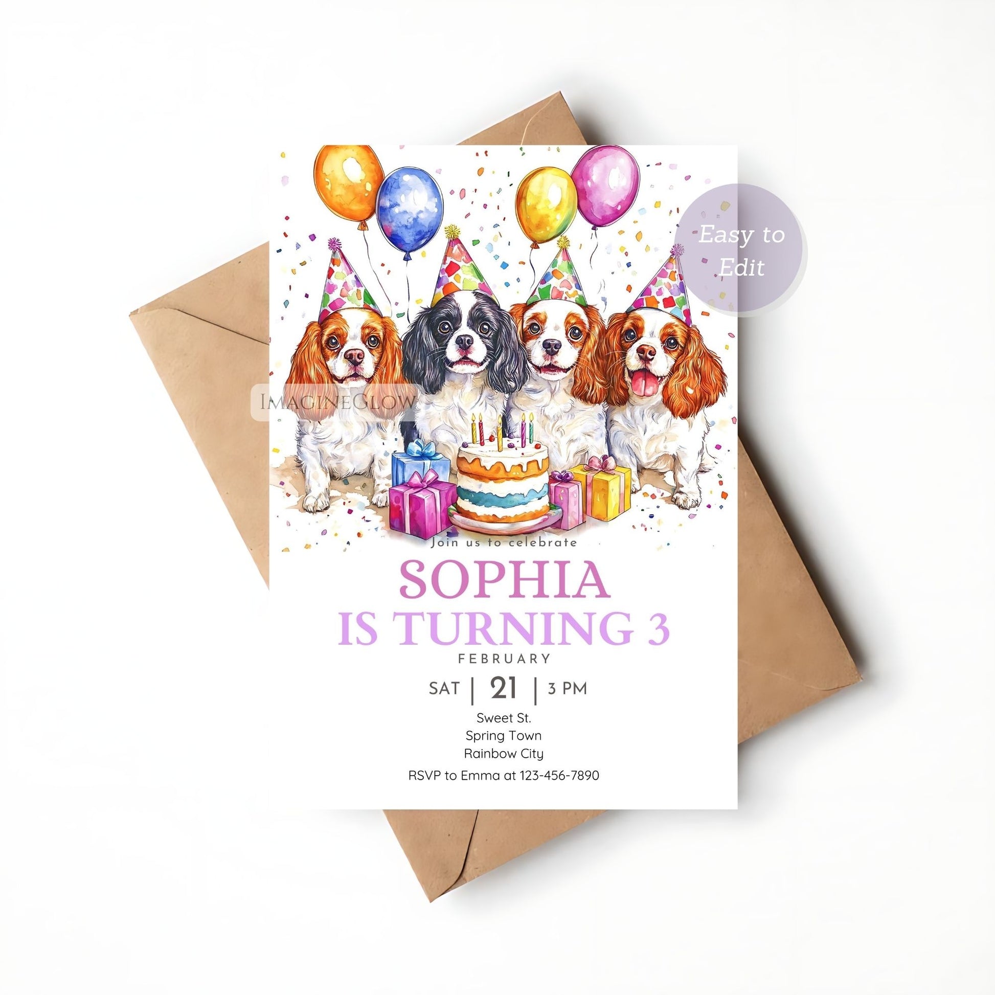 Custom Cavalier Spaniel birthday invitation for celebrations