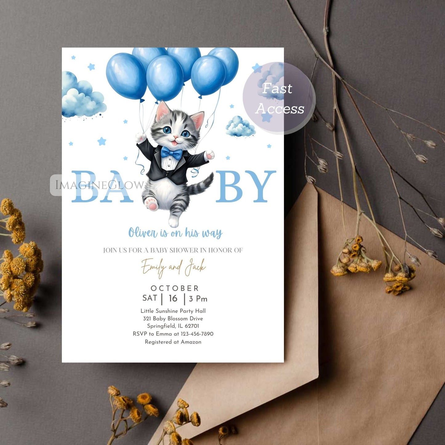 cute kitty baby shower invitation blue