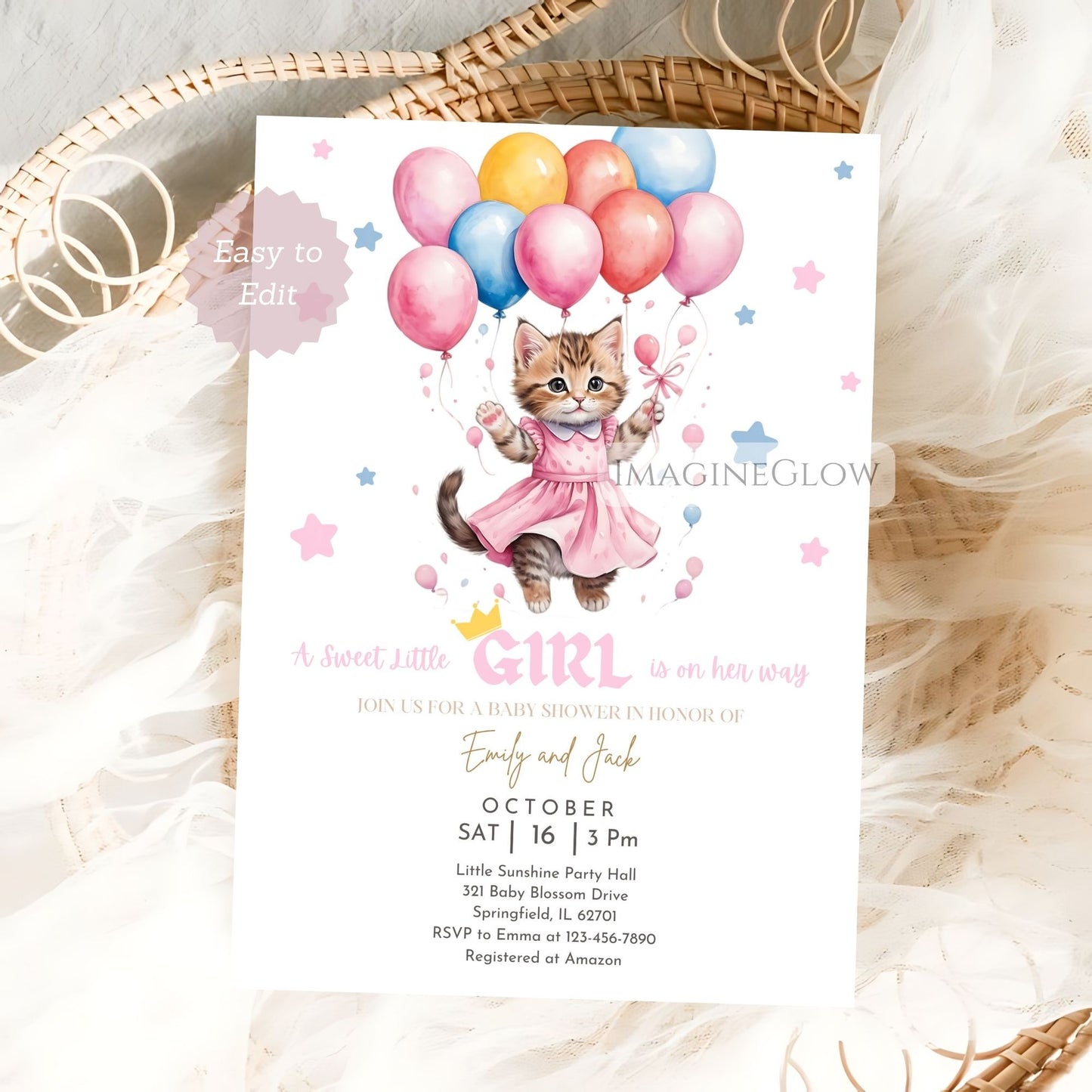 kitten baby girl shower invitation
pink balloon cat baby shower invite