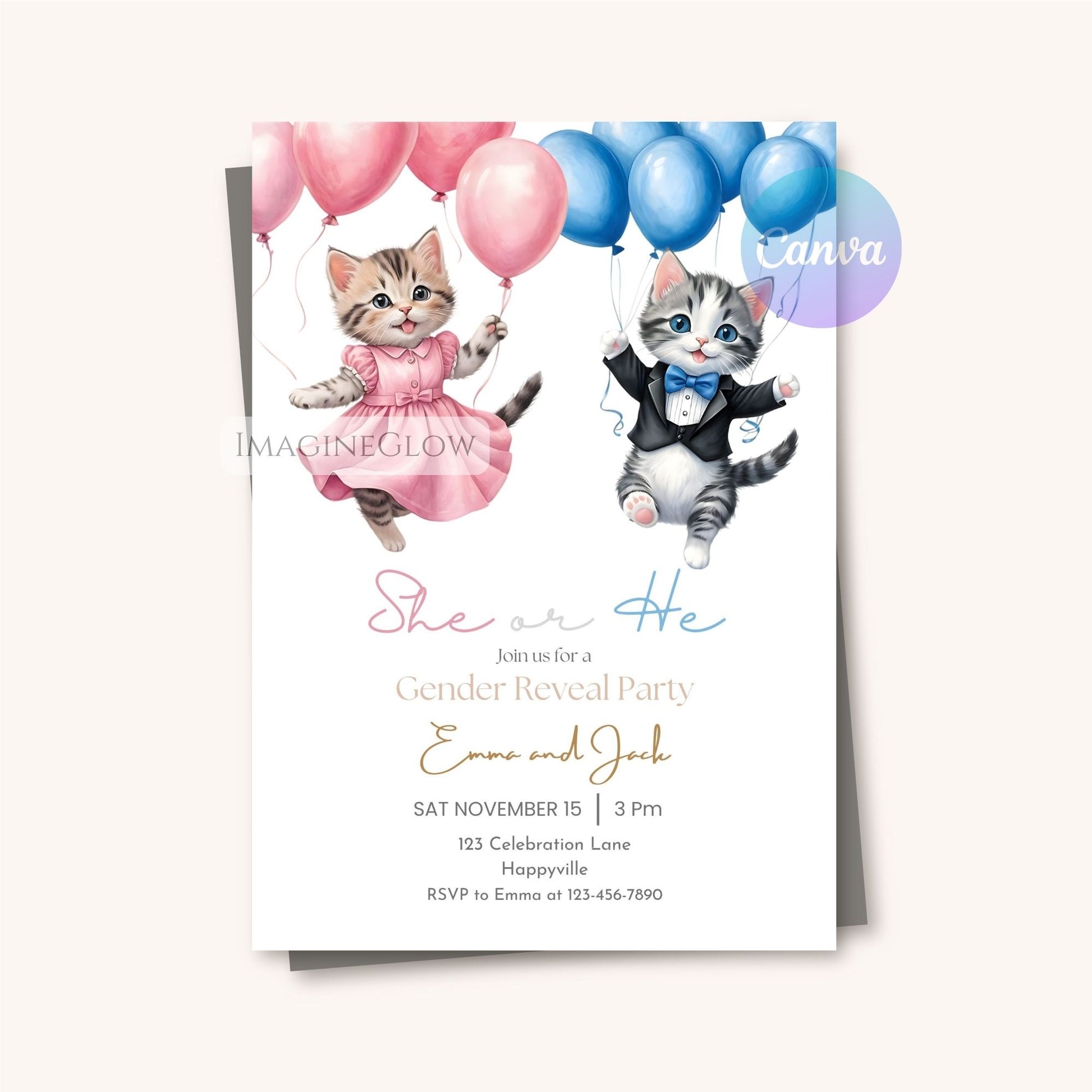 blue and pink balloon kitten invite