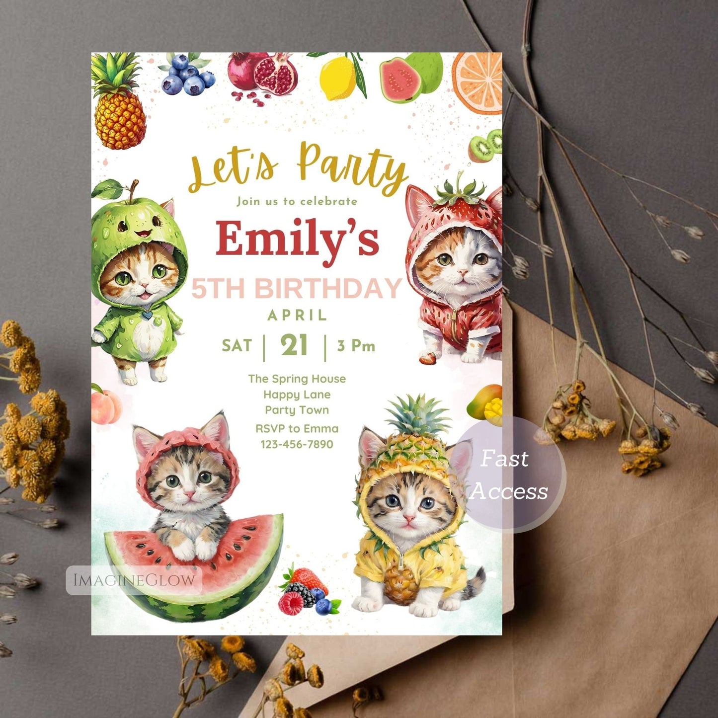 Adorable kitten birthday party invite for kids
Cute kitty and fruit birthday invitation template